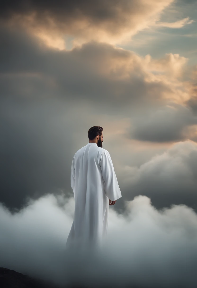 A man in a white robe amidst the clouds, cabelo comprido e de barba, Medium Size