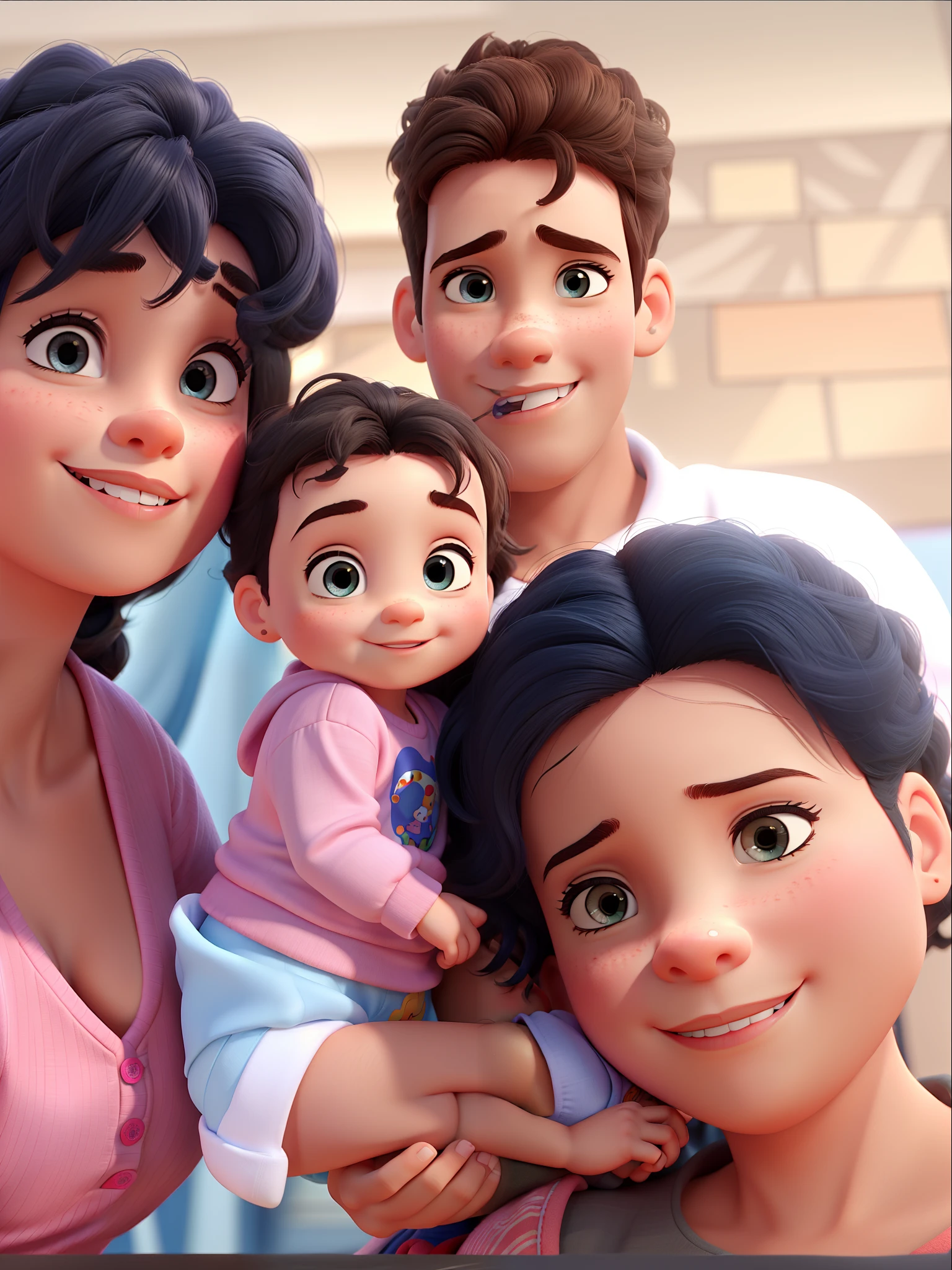 Uma mulher com uma bebe um homem e uma menina estilo disney Pixar