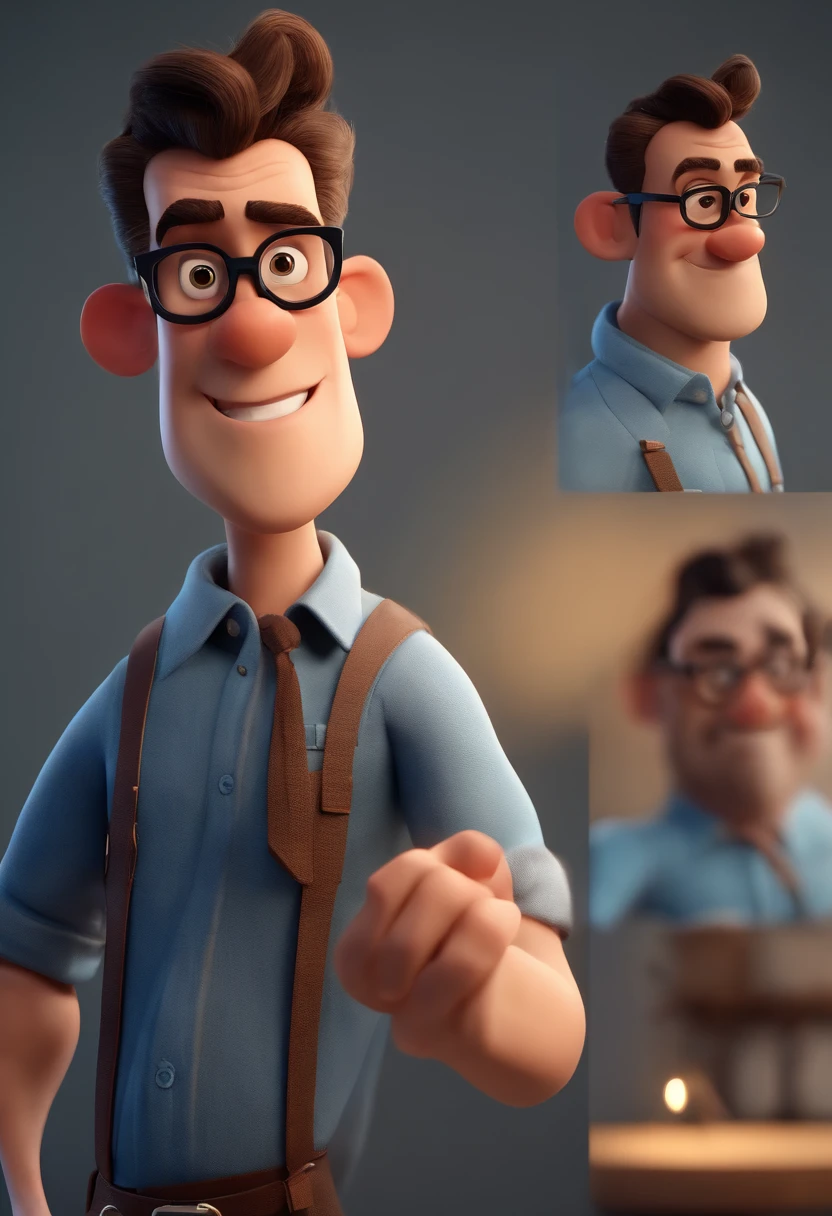 Cartoon character of a man wearing black glasses and a blue shirt, um personagem animado, Caractere estilizado, animation style rendering, 3D estilizado, Arnold Maya render, 3 d render stylized, toon render keyshot, Personagem 3D, Personagem 3D, 3d rendering stylized, 3 d character render, personagem de desenho animado, Personagem de close up, Pose de personagem, (Estilo Pixar) (master part:1.2) (Bokeh) (best quality) (pele detalhada) (textura detalhada) (8k) (argila) (Cinematic lighting) (foco nítido,Senta e vaza a parte superior do corpo