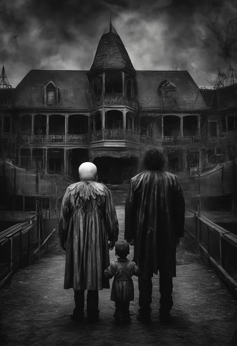 Bread and son holding hands in an amusement park turned their backs and in the background several clowns