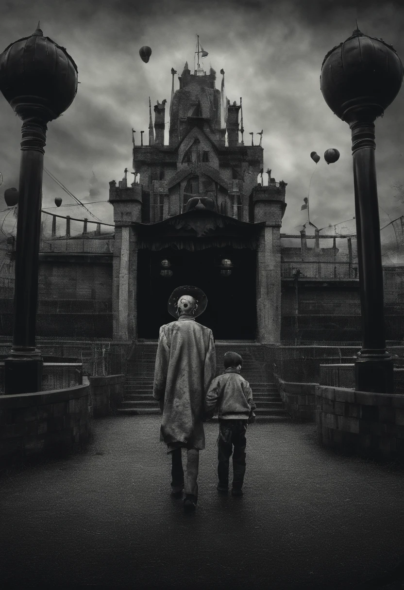 Bread and son holding hands in an amusement park turned their backs and in the background several clowns