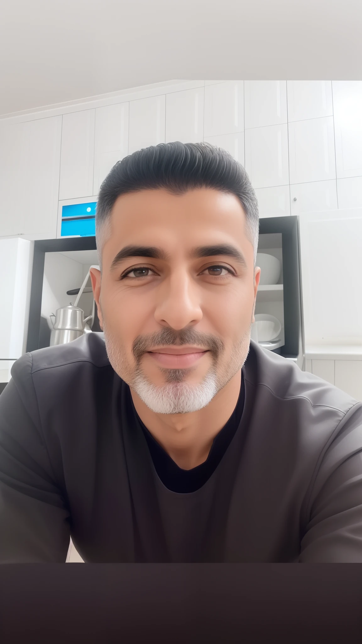 Arafed man with a beard and a black shirt sitting in a kitchen - SeaArt AI