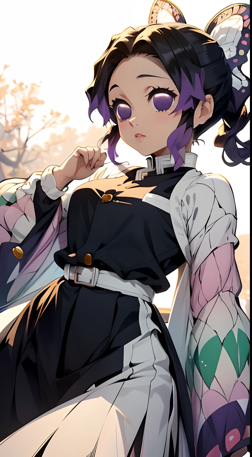 an adorable wallpaper of Shinobu Kocho in a graceful and charming pose, the background complements her elegance and highlights her beauty, masterpiece, 8k, ultra high quality, ultra high definition, ultra detailing, cute, anime art