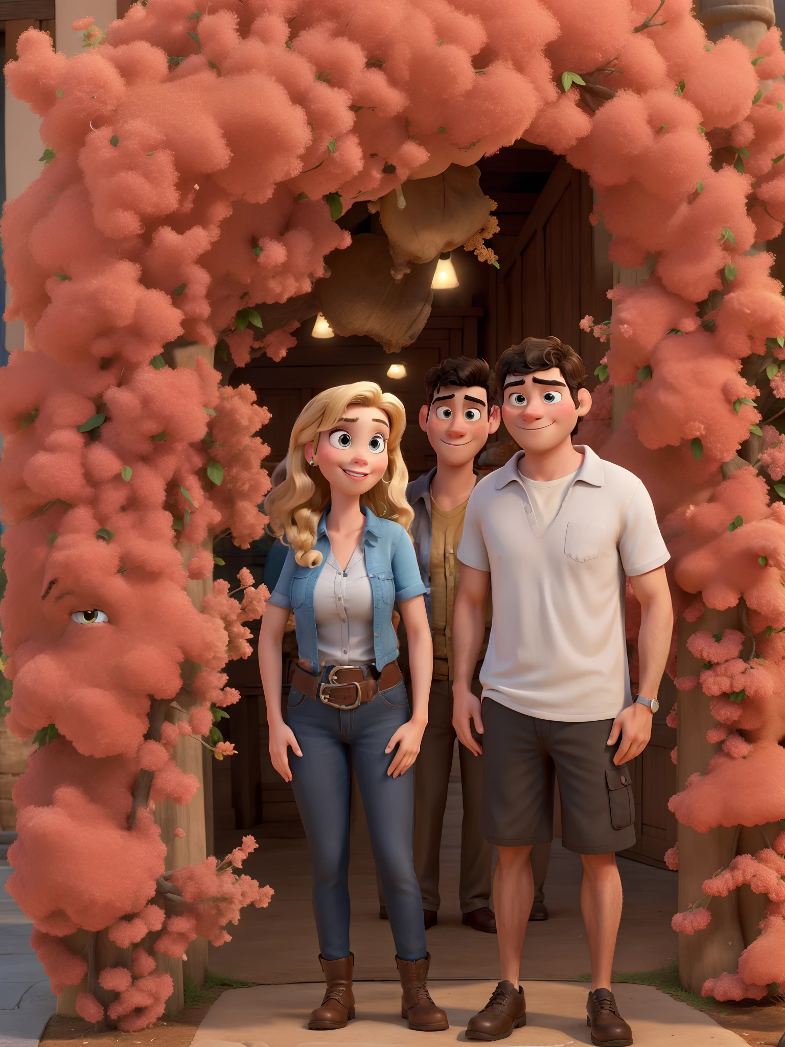 Obra-prima ao estilo Disney/Pixar in high quality and high resolution. The woman in the front is blonde and the man has black hair.