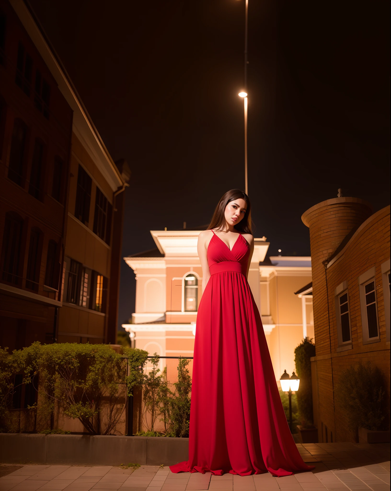 Woman in a red dress standing in front of a building, photo taken at night, red and cinematic lighting, usando um vestido de noite, atmospheric red lighting, Foto promocional, brilho quente das luzes, full-length view, Vinheta pesada!, tiro de corpo inteiro, photo from behind, vestindo trajes formais vermelhos, Full front lighting, scenic full shot