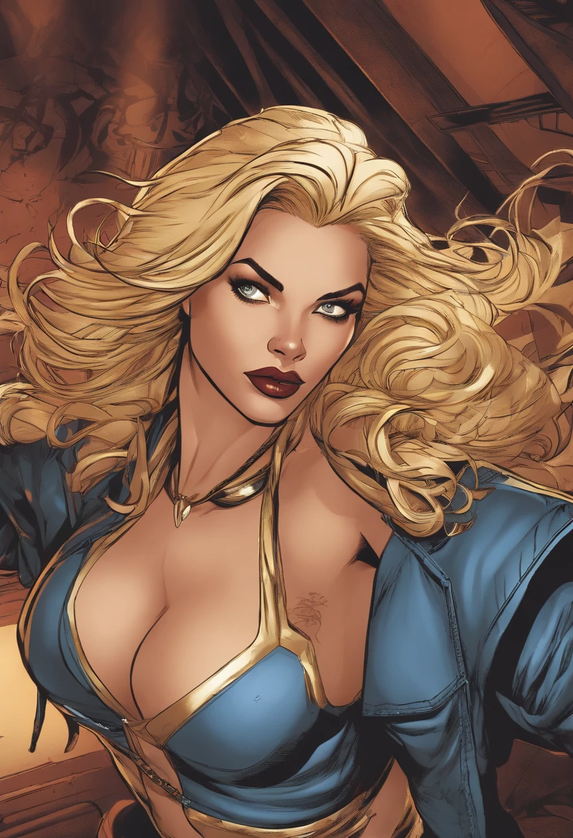 Comic book style, Joe Madureira Style Line Art, extremamente atraente, Woman, Mulher vestindo uma camiseta dos X-Men, American Heritage, blonde hair, olhos vermelhos brilhantes, proud expression, Standing inside a nightclub singing,estilo snthwve, Nvinkpunk, Duskypie