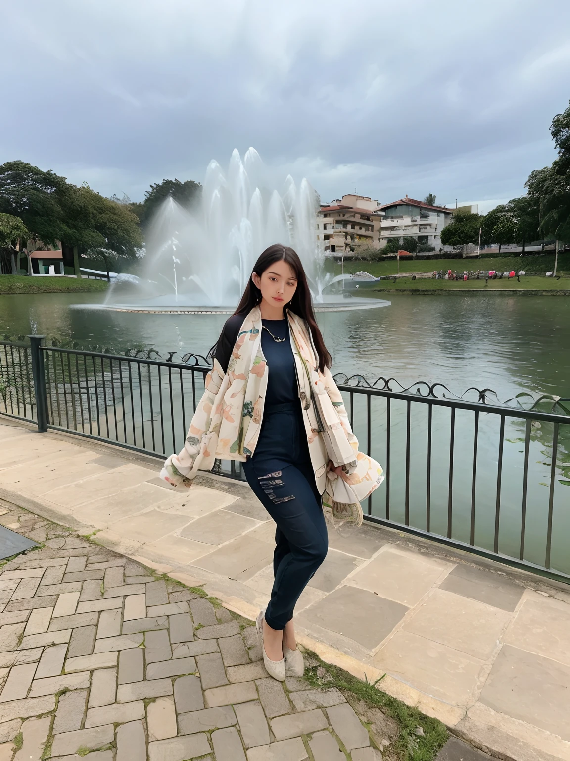 Woman standing on a sidewalk near a lake with a fountain, by Gina Pellón, Directed by: Nandor Soldier, em um parque da cidade, Estefania Villegas Burgos, audrey plaza, inspired by Gina Pellón, standing in a city center, em um parque, Directed by: Veronica Ruiz de Velasco