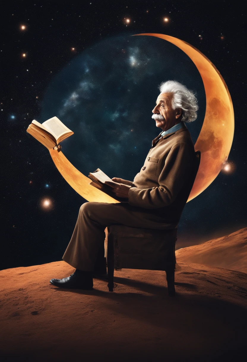create an image of Albert Einstein reading a book and sitting on top of a rocket flying through space