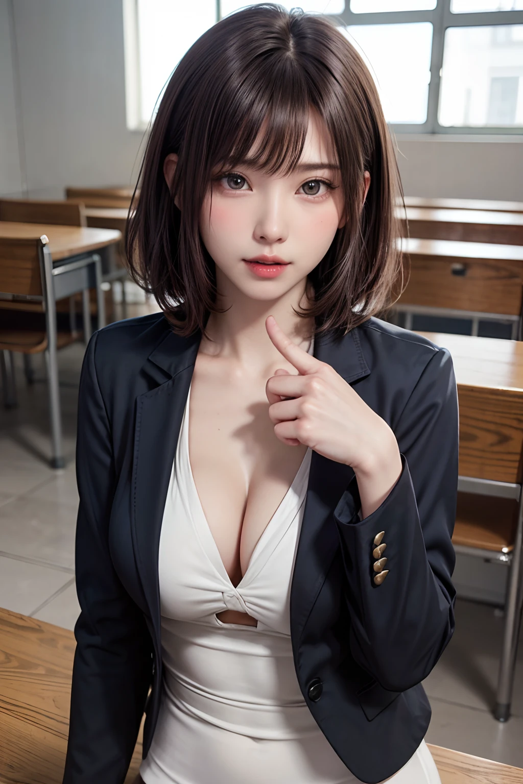 Beautiful lawyer、(Solo, 28 instars、Symmetrical beautiful face、Happy、Beautiful teeth、Intense highlighting of the eyes、masutepiece、top-quality、Top image quality、hyperdetailed face、Detailed lips、A detailed eye、二重まぶた、Brunette Bob Hair, Black Blazer、White dress shirts、Tight micro mini skirt)、Read at her desk、at the library、(Glamorous body)、(Colossal tits)、cleavage of the breast、perfect hand, Perfect fingers, perfect chest, Perfect fit, perfect bodies, face perfect, Perfect image realism, 细致背景, detailed costume, maikurobikini、Shirt unbuttoned、Lewd librarian、Hyper-Realism、Photorealsitic、unrealengine、8K maximum resolution, (​masterpiece), ighly detailed, Professional、（4fingers and 1thumb、Five Fingers）、
