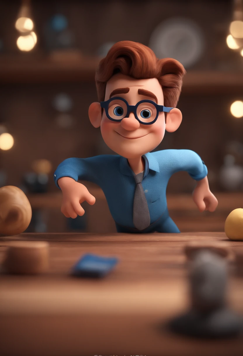 Cartoon character of a man with black glasses and a blue shirt, animation character, Caractere estilizado, animation style rendering, 3D estilizado, Arnold Maya render, 3 d render stylized, toon render keyshot, Personagem 3D, Personagem 3D, 3d rendering stylized, 3 d character render, personagem de desenho animado, Personagem de close up, Pose de personagem, (Estilo Pixar) (master part:1.2) (Bokeh) (best quality) (pele detalhada) (textura detalhada) (8k) (argila) (Cinematic lighting) (foco nítido