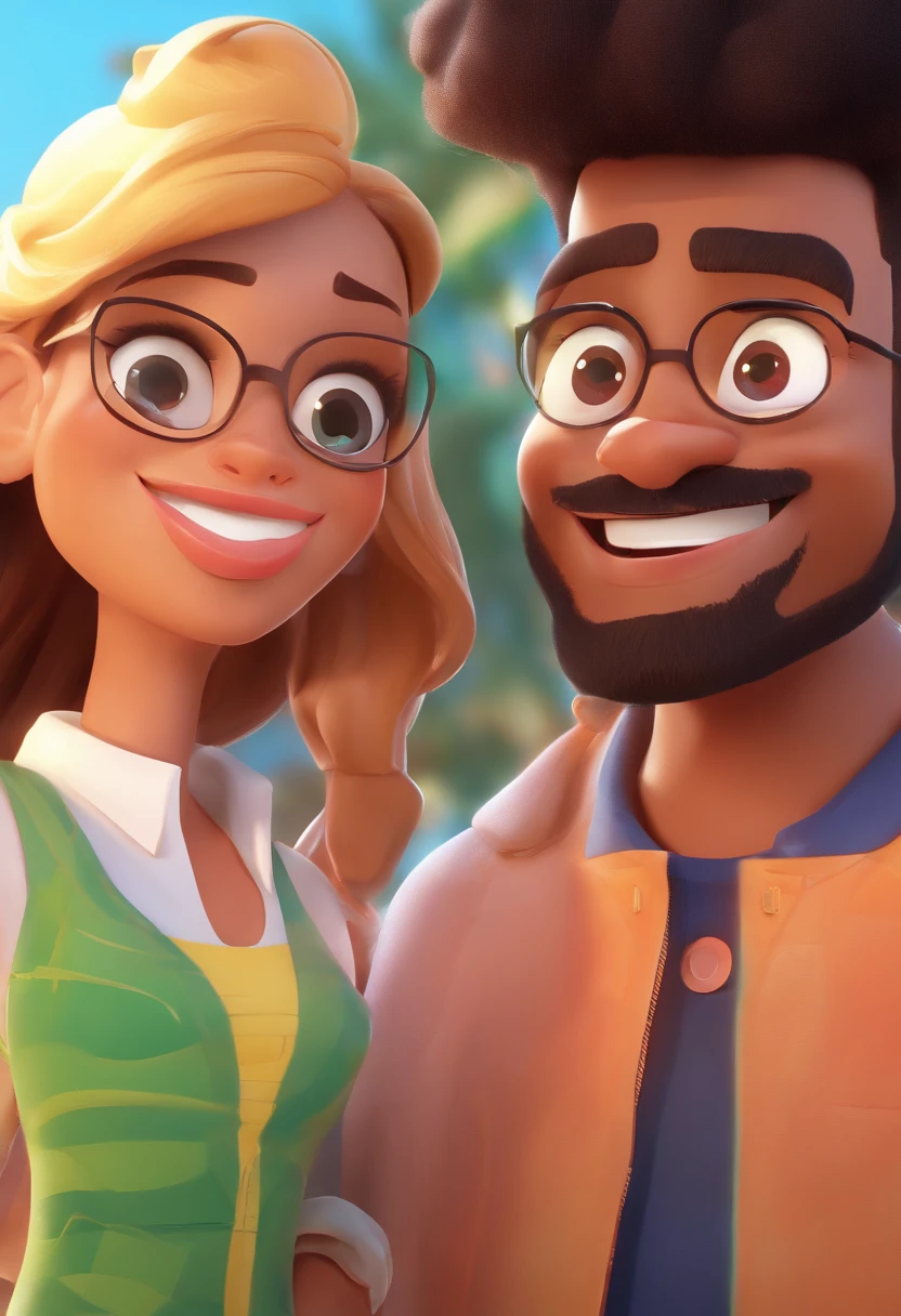 An illustration of an adorable couple, Highlight for a chubby mulatto man with glasses smiling and a brunette woman with beautiful expressive eyes - the man's skin is mulatto and the man's hair haswhile the woman's skin is black and the woman's hair is straight and brown. They are a bright room, cada um com um sorriso no rosto, e compartilhar um momento especial caracterizado pelo amor, Insights. Illustrate this scene from a perspective where they are facing the camera, Smiling and Showing Your Connection. Desenvolva esta arte em Full HD, Focus on your cinematic touch, Estilo Disney Pixar Animations