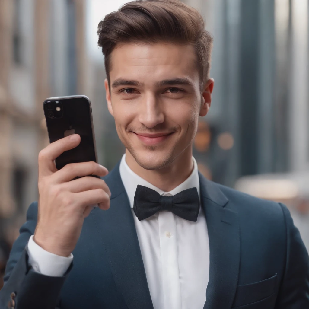 Young man in suit, smiling and alone, with iPhone 14 in hand