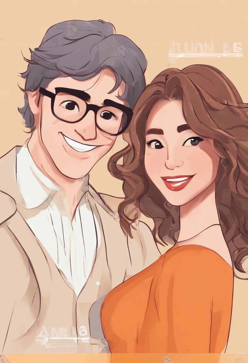 An illustration of an adorable couple, Highlight for a chubby mulatto man with smiling glasses and a brunette woman with beautiful expressive eyes - the man's skin is mulatto and the man's hair has, while the woman's skin is black and the woman's hair is straight and brown. They are a bright room, cada um com um sorriso no rosto, e compartilhar um momento especial caracterizado pelo amor, Insights. Illustrate this scene from a perspective where they are facing the camera, Smiling and Showing Your Connection. Desenvolva esta arte em Full HD, Focus on your cinematic touch, Estilo Disney Pixar Animations