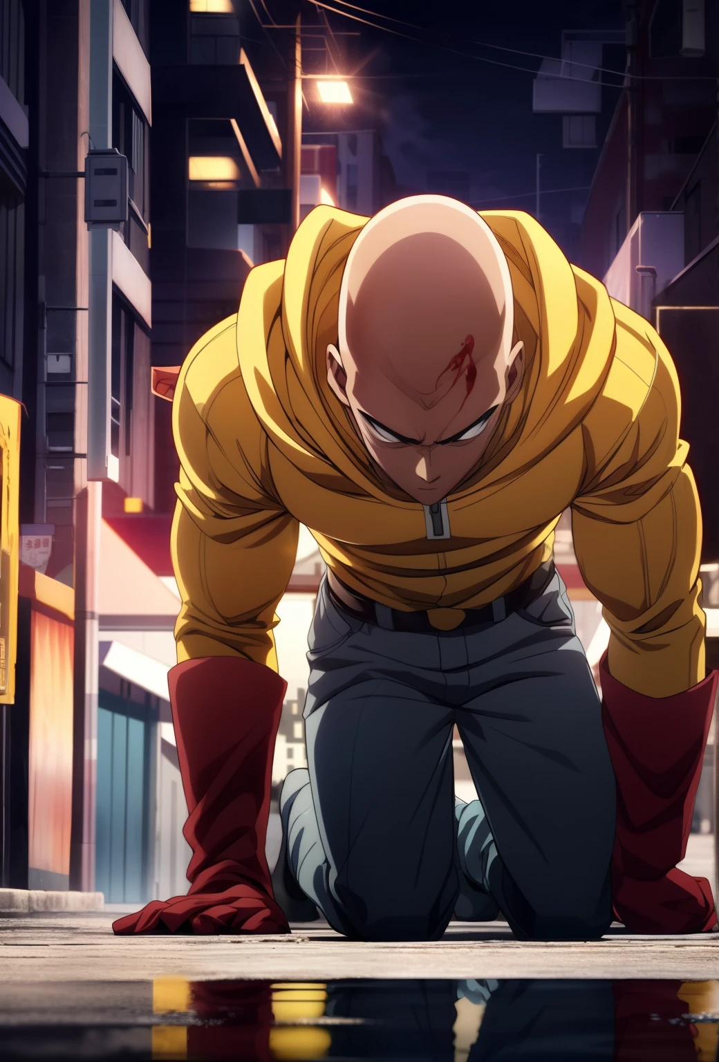 1 homem, (Saitama), Blade head, Vestindo Amarelo, olhos negros, luvas vermelhas, Botas vermelhas, poder aura, Noite, Foco masculino, strong muscles, (corpo inteiro) Godly Strength, emergia amarela ao seu redor, ((sangue escorrendo pelo rosto)), roupa rasgada, (todo machucado), personagem cansado, (((Kneeling on the city street at night with his hands on the ground))), lua cheia, despair, sparkling eyes, glowing eyes, eye reflection, high detail, anime, Minimalism, anime style, cinematic lighting, sparkle, jpeg artifacts, glowing light, god rays, ray tracing, reflection light, drop shadow, image fill, panorama, Sony FE, UHD, masterpiece, ccurate, anatomically correct, textured skin, super detail, high quality, best quality, HD, 16k