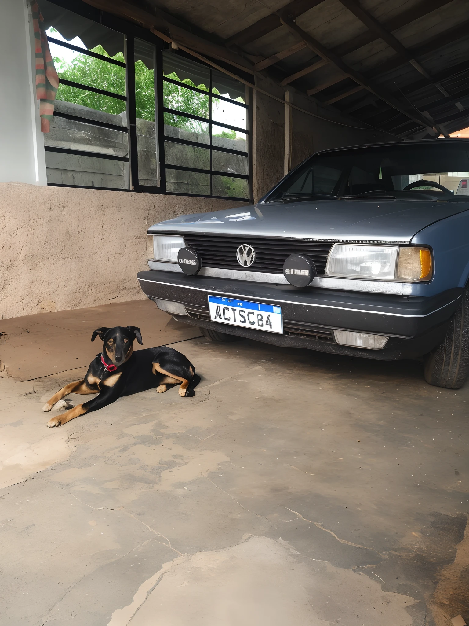 There's a dog lying in the garage next to a car, cachorro observando o carro, tiro frontal, imagem frontal, tiro frontal, retrato frontal, vista frontal 2 0 0 0, Frente, ????, 1 9 8 9, 1 9 9 0, 1990, muito poderoso, um tiro largo e cheio, Directed by: Robert Koehler