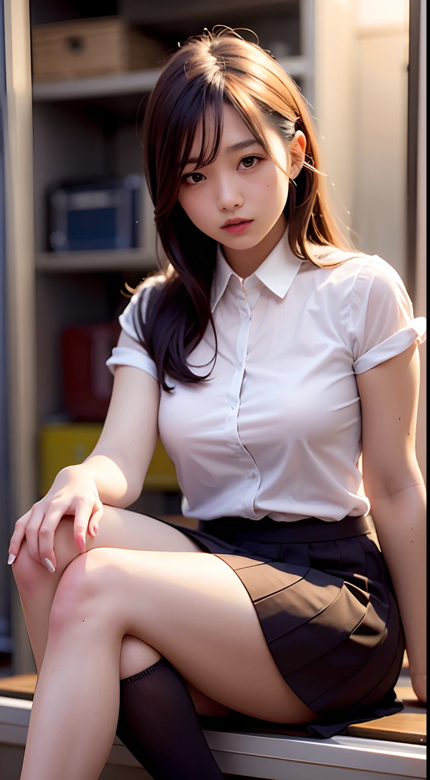 Woman in short skirt and tie sitting in locker room, Cute Schoolgirl, a hyperrealistic schoolgirl, a hyperrealistic schoolgirl, thighhighs and skirt, School Girl, wearing skirt and high socks, wearing skirt, with backdrop of natural light, Wearing school uniform, High school girl posing、Medium bob hair、exposed panties
