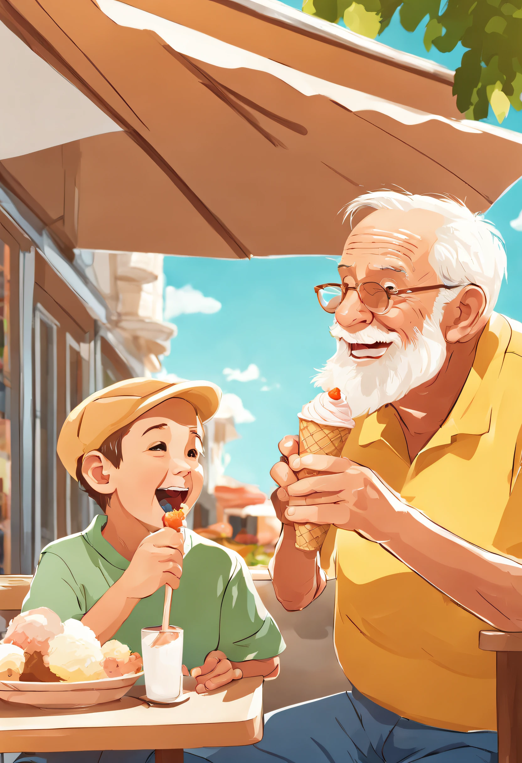 Digital art, medium shot, drawing style: Cheerful grandfather and grandson eating ice cream outdoors on a sunny summer day, in an outdoor cafe.