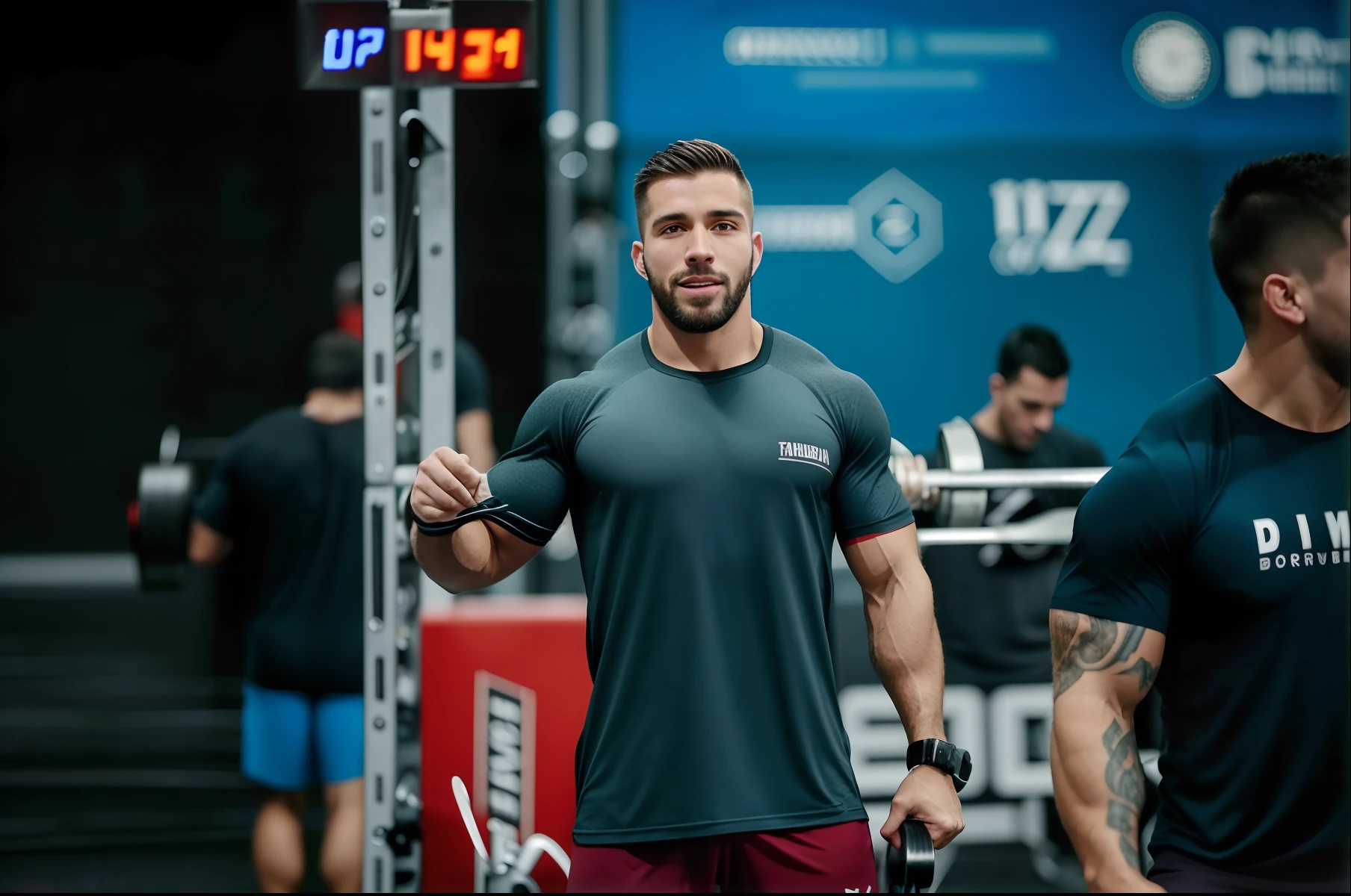 Homem de camisa cinza e bermuda vermelha, athletic crossfit build, adam varga, andrew gonzalez, musculoso! CrossFit, carregando duas barras, Daniel Dociu, Kacper Niepokolczycki, Jovana Rikalo, Bogdan Rezunenko, Cristiano Orrillo, Joel Torres