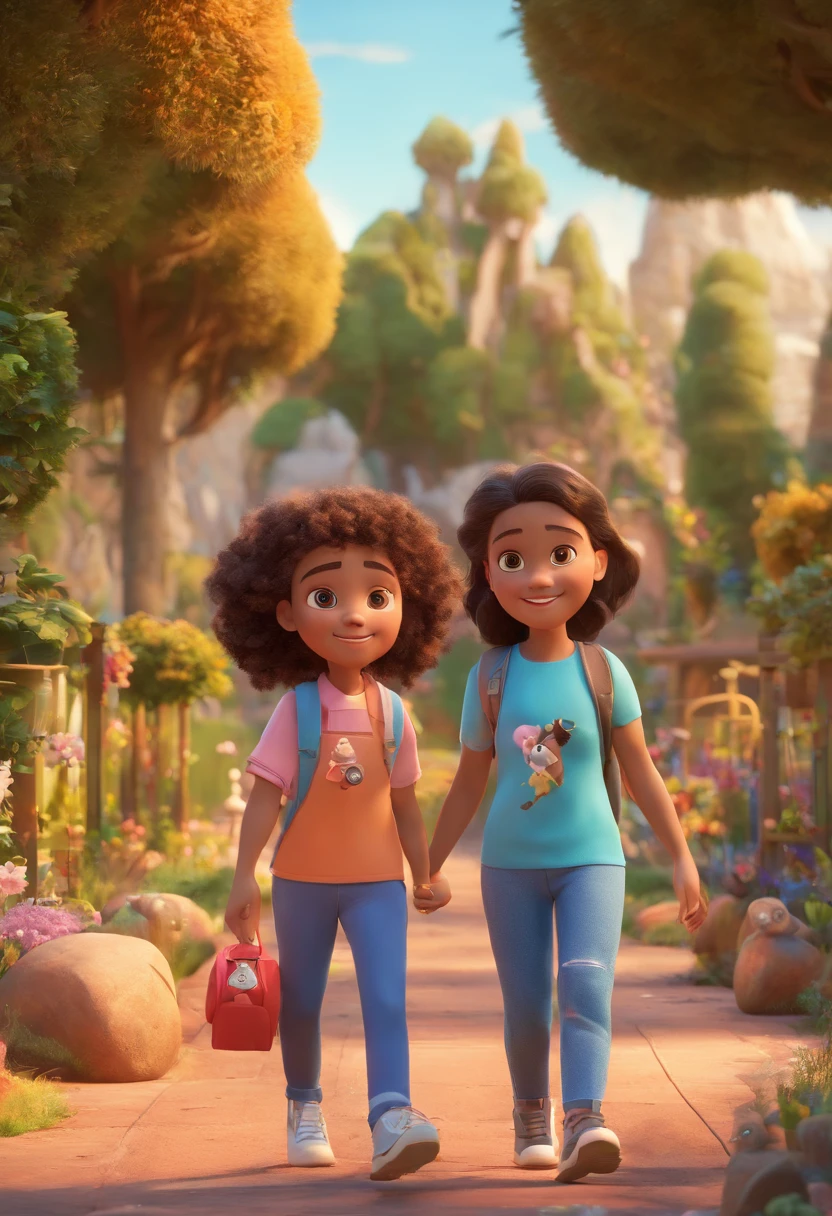 Estilo Pixar: Familia,  A mother and two girls. Uma menino de 9 anos e outro de 8 anos . Uma fazenda com vacas lindas e marrom .