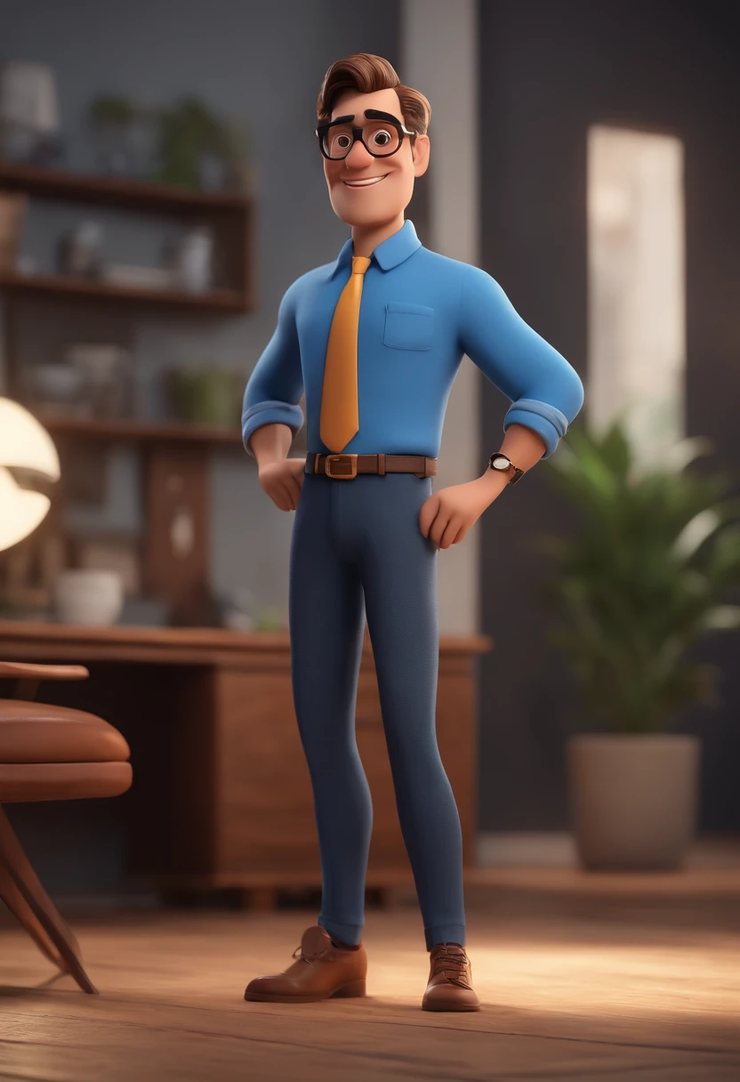Cartoon character of a man with black glasses and a blue shirt, animation character, Caractere estilizado, animation style rendering, 3D estilizado, Arnold Maya render, 3 d render stylized, toon render keyshot, Personagem 3D, Personagem 3D, 3d rendering stylized, 3 d character render, personagem de desenho animado, Personagem de close up, Pose de personagem, (Estilo Pixar) (master part:1.2) (Bokeh) (best quality) (pele detalhada) (textura detalhada) (8k) (argila) (Cinematic lighting) (foco nítido