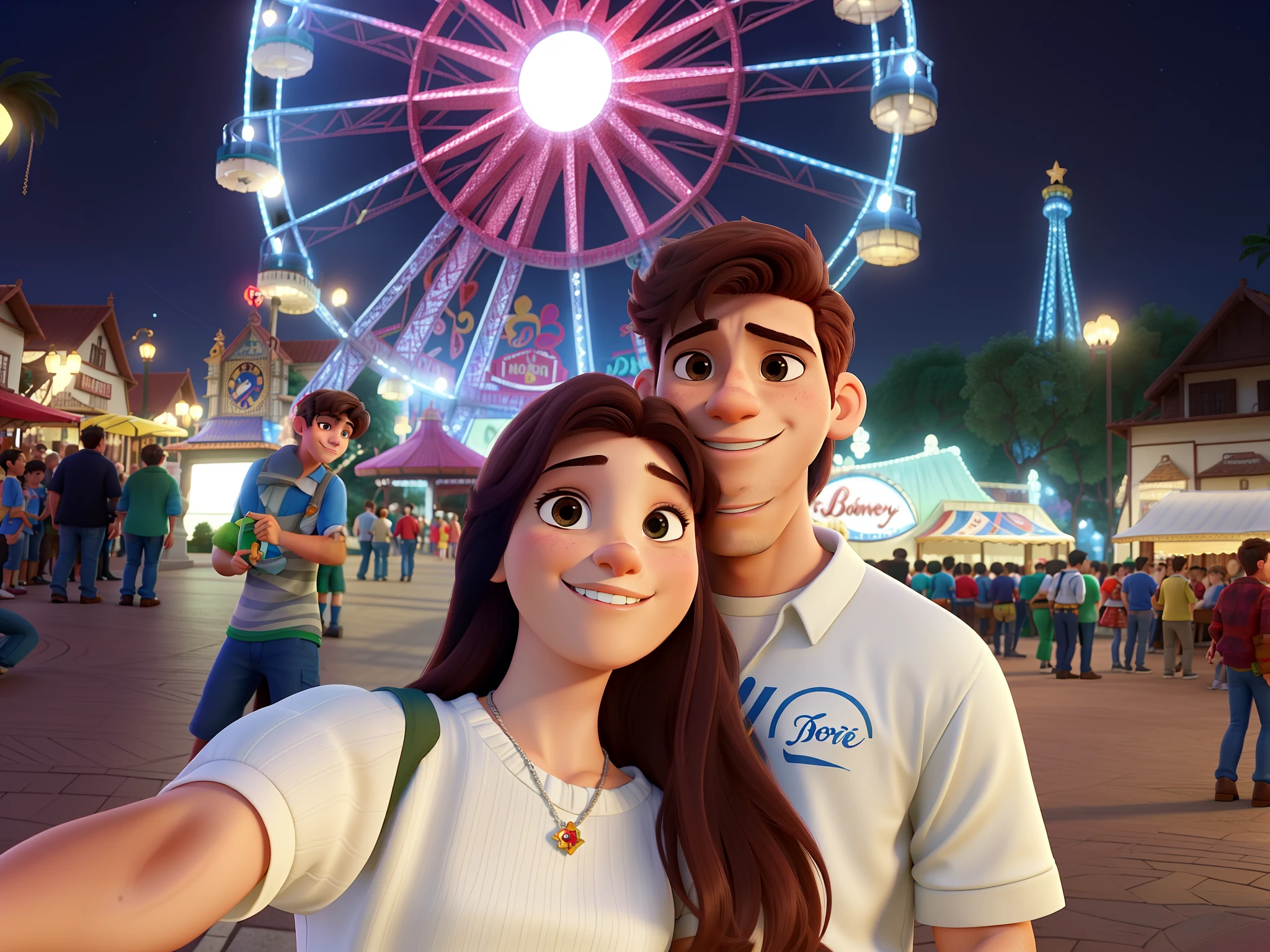 Casal jovem namorados os dois com 15 anos, (homem moreno e mulher branca) no estilo Disney Pixar, alta qualidade, melhor qualidade. Oktoberfest, muito felizes, mais magros