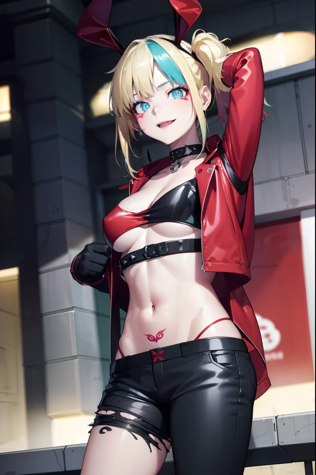 Harleyquinn, Harley Quinn, flequillo, ojos azules, cabello rubio, colas gemelas, cabello azul, cabello multicolor, gargantilla, Cabello degradado, maquillaje, penetrante, cabello rosado, labios, lipstick, labios rojos, They are smiling, sonrisa,
ROMPER muslos, Guantes, ombligo, escote, jewely, chaqueta, Ropa abierta, shorts, Guantes negros, diafragma, muslos negros, Guantes sin dedos, cuello, brazalete, Chaqueta abierta, chaqueta negra, Recortar arriba, Ropa rasgada, pantalones cortos, tatuaje, cadena, espigas, chaqueta recortada, spiked bracelet, spiked collar, Micro pantalones cortos, chaqueta multicolor, DESCANSO mirando al espectador, cuerpo completo, DESCANSO al aire libre, QUEBRAR (Obra maestra:1.2), La mejor calidad, High resolution, Unidad 8K Fondo de pantalla, (illustration:0.8), (hermosos ojos detallados:1.6), Cara extremadamente detallada, Perfect lighting, CG extremadamente detallado, (Manos perfectas, Perfect anatomy), sexy body, blush, huge breasts, sexy