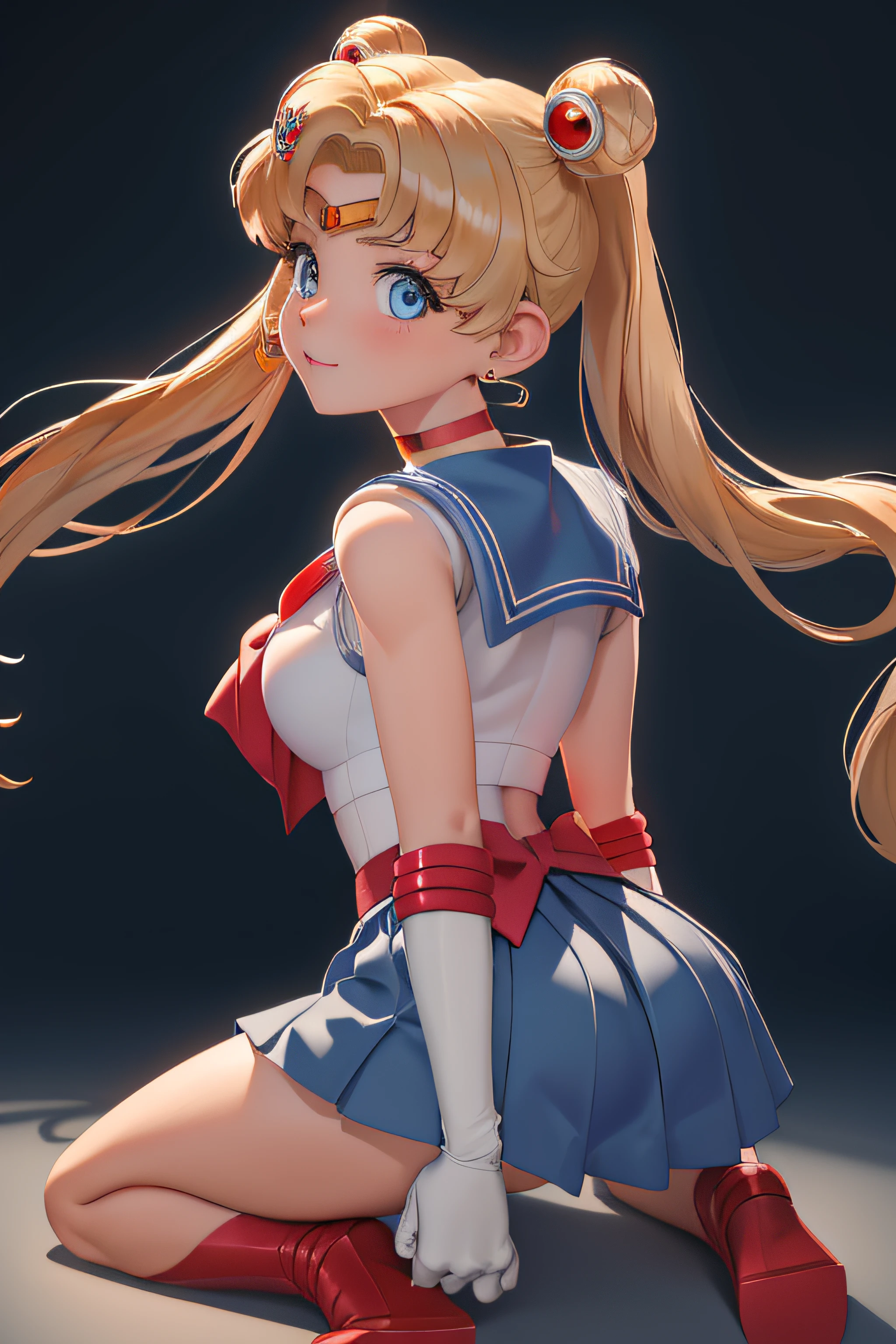 masterpiece, best quality, high resolution, 1 girl, solo, sailor senshi uniform, SMMoon, 1990s \(style\), blonde hair, magical girl, blue eyes, blue skirt, elbow-length gloves, tiara, pleated skirt , blue sailor necklace, miniskirt, choker, blue choker, white gloves, very long hair, jewelry, earrings, KNEELING ON THE FLOOR, HANDS ON THE FLOOR, (IN DOGGY STYLE POSITION), BACK TO THE CAMERA. WITH HER ASS RAISED, CLOSE UP ASS