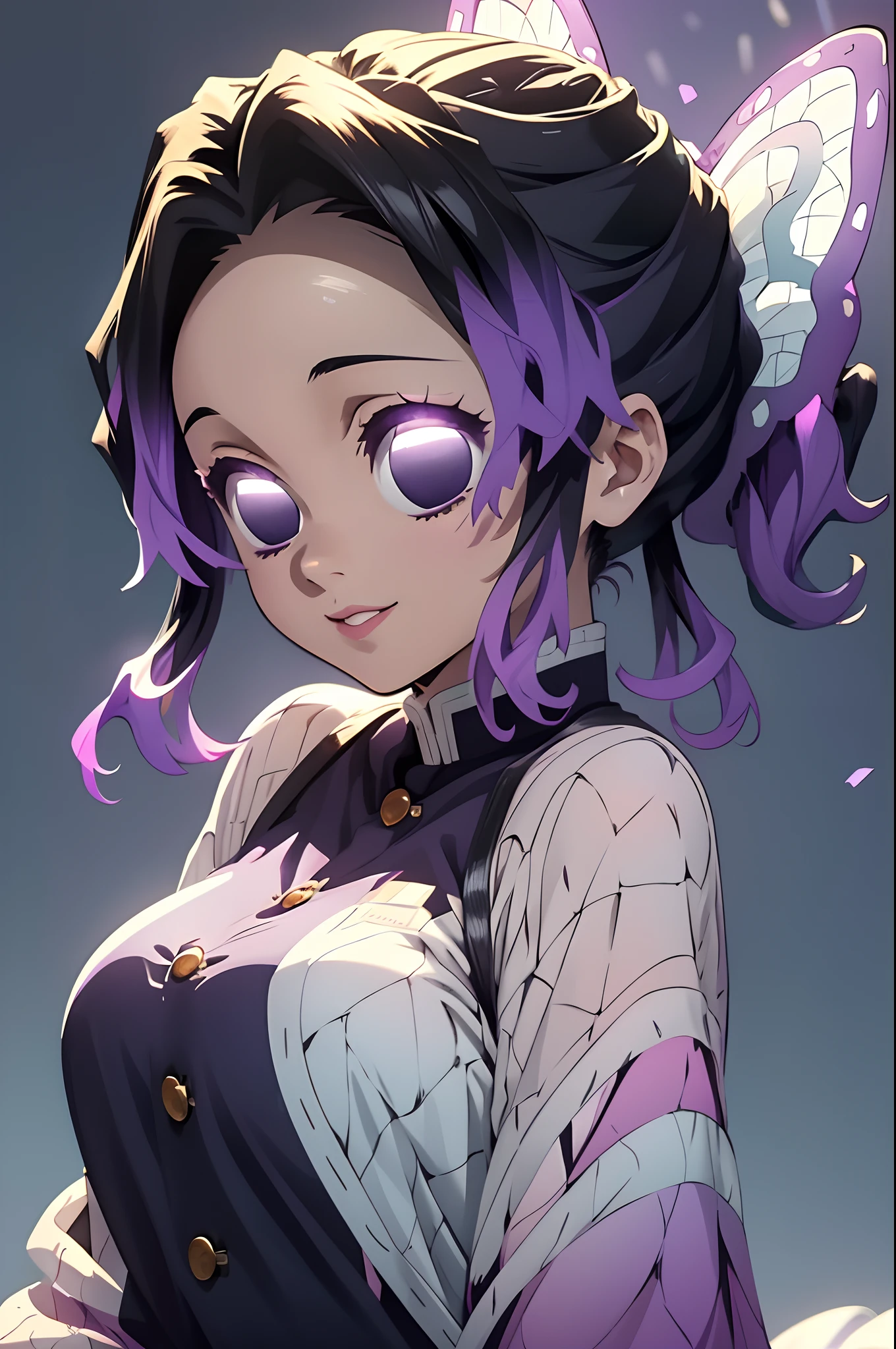 masterpiece， Best quality， 1girl, Shinobu Kocho， Large breasts, beautiful cute pose，Raised sexy, shy, smile,ultra realistic, ultra high quality, ultra HD, high quality, ultra detailing, ( purple white gradient eyeballs:1.4), cute pose, purple lighting, vibrant lights, cool wallpaper art ,fog background , purple lights and fog,cute clothes, wallpaper, desktop wallpaper ratio, desktop wallpaper resolution, anime wallpaper art 8k, wallpaper lightings, amazing wallpaper art, HD wallpaper art, HD 8k wallpaper