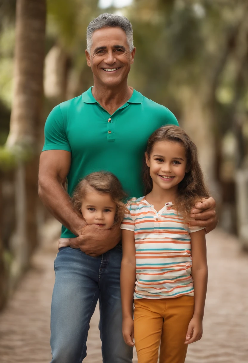 imagem de um pai chamado Marcos, Feliz, 49 anos, fino, pele branca, Cabelo preto pequeno, frontal baldness, olhos castanhos escuros; Next to him, Standing, Her twin daughters, Feliz, Holding hands, 5 anos; longos cabelos loiros, olhos castanhos claros, encaracolado, corpo inteiro; roupas casuais no estilo 3D da Pixar