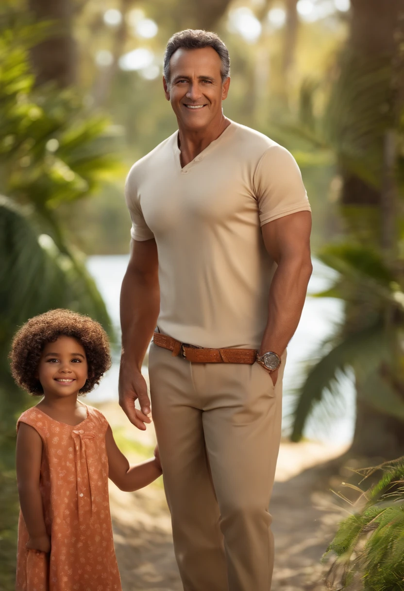 imagem de um pai chamado Marcos, Feliz, 49 anos, fino, pele branca, Cabelo preto pequeno, frontal baldness, olhos castanhos escuros; Next to him, Standing, Her twin daughters, Feliz, Holding hands, 5 anos; longos cabelos loiros, olhos castanhos claros, encaracolado, corpo inteiro; roupas casuais no estilo 3D da Pixar