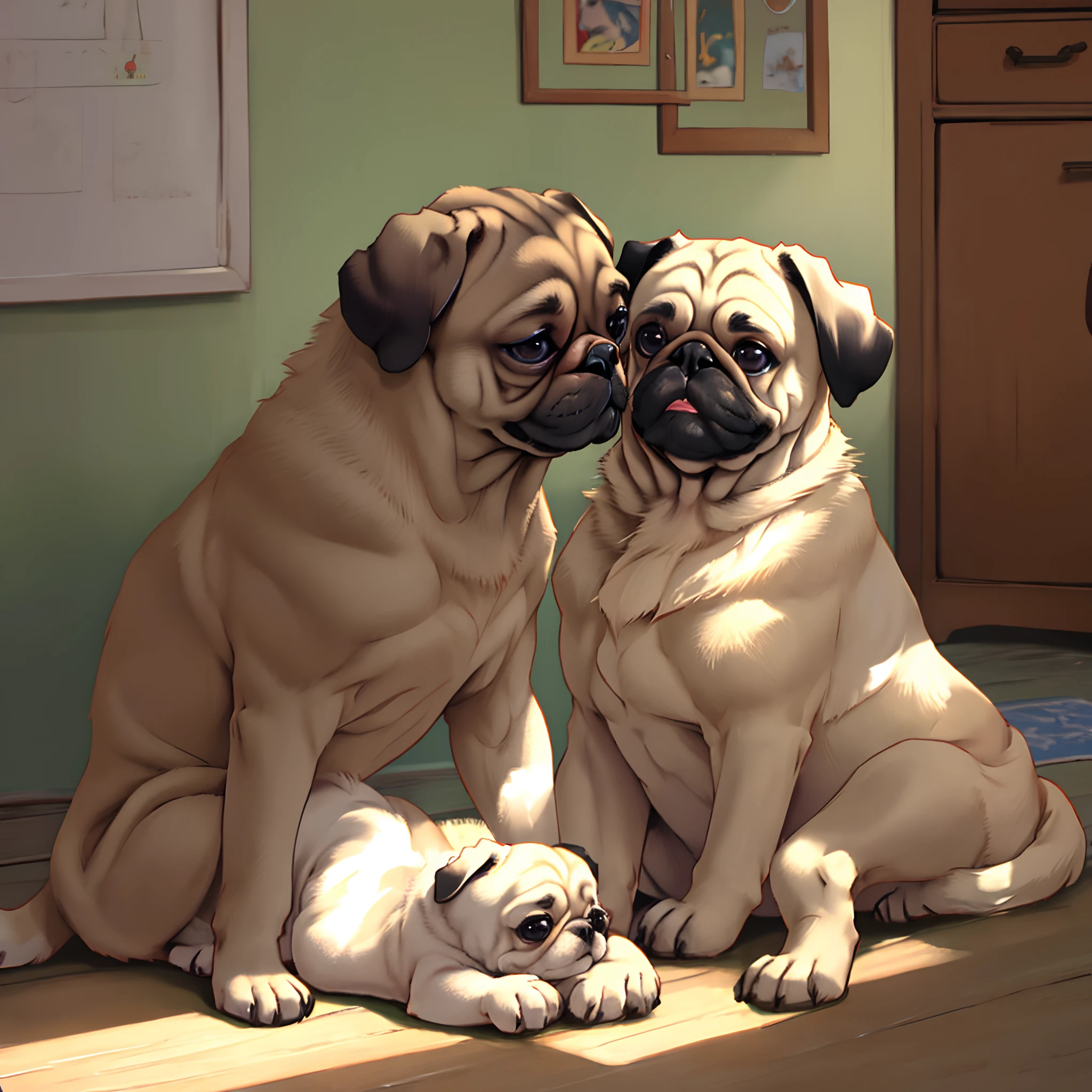 Pug sitting looking at baby