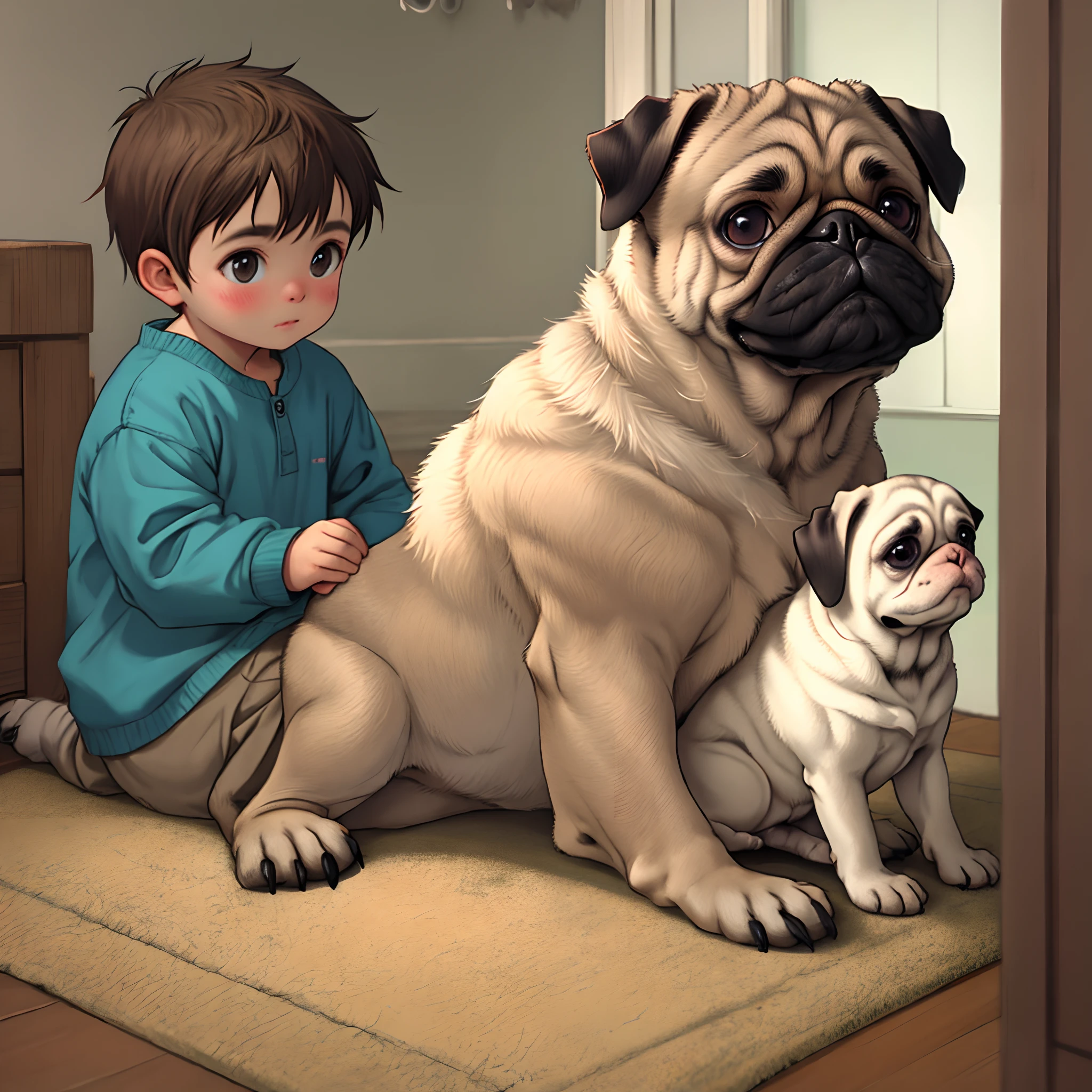 Pug sitting looking at baby