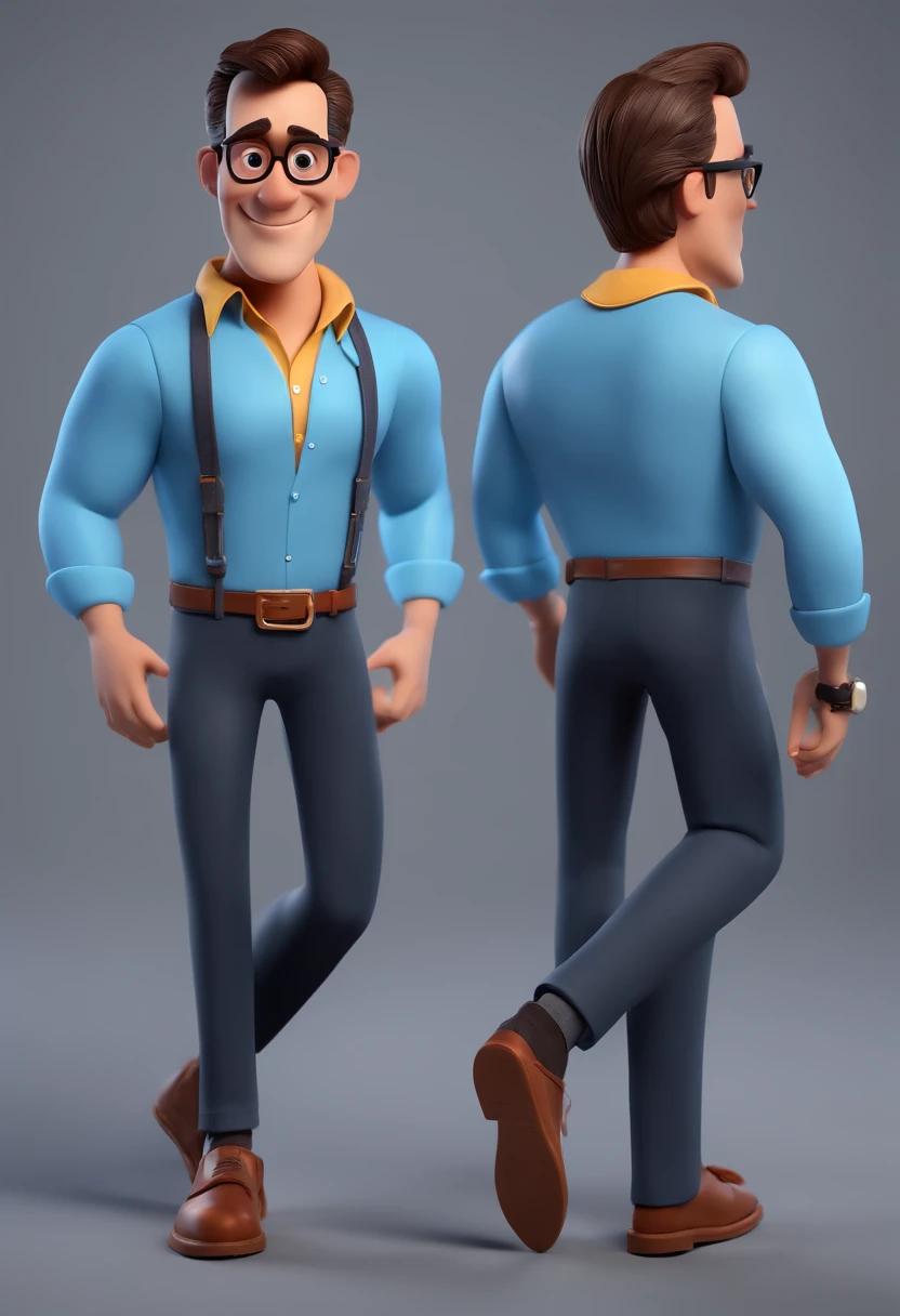 Cartoon character of a man with black glasses and a blue shirt, animation character, Caractere estilizado, animation style rendering, 3D estilizado, Arnold Maya render, 3 d render stylized, toon render keyshot, Personagem 3D, Personagem 3D, 3d rendering stylized, 3 d character render, personagem de desenho animado, Personagem de close up, Pose de personagem, (Estilo Pixar) (master part:1.2) (Bokeh) (best quality) (pele detalhada) (textura detalhada) (8k) (argila) (Cinematic lighting) (foco nítido