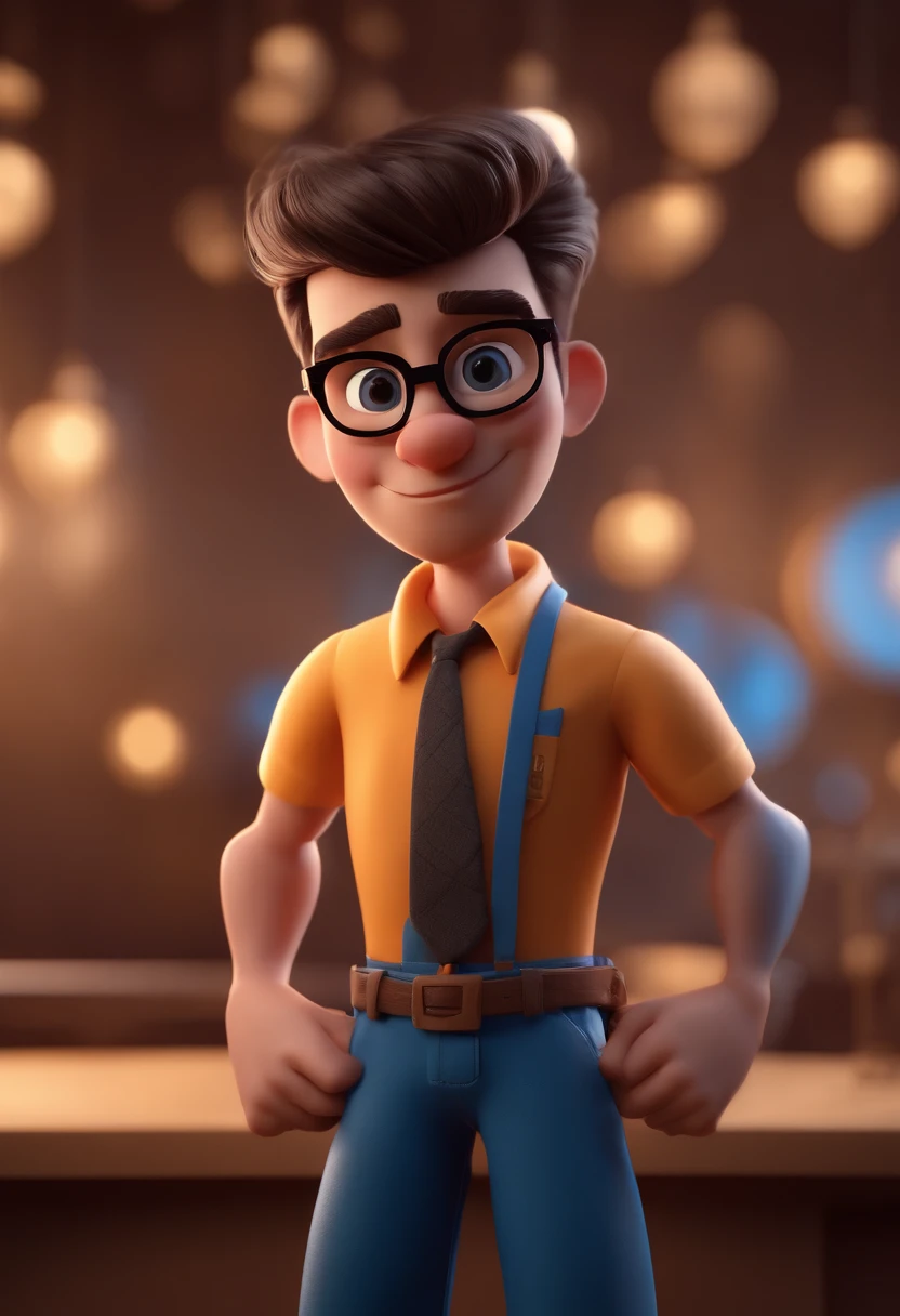 Cartoon character of a man with black glasses and a blue shirt, animation character, Caractere estilizado, animation style rendering, 3D estilizado, Arnold Maya render, 3 d render stylized, toon render keyshot, Personagem 3D, Personagem 3D, 3d rendering stylized, 3 d character render, personagem de desenho animado, Personagem de close up, Pose de personagem,  (Estilo Pixar) (master part:1.2) (Bokeh) (best quality) (pele detalhada) (textura detalhada) (8k) (argila) (Cinematic lighting) (foco nítido