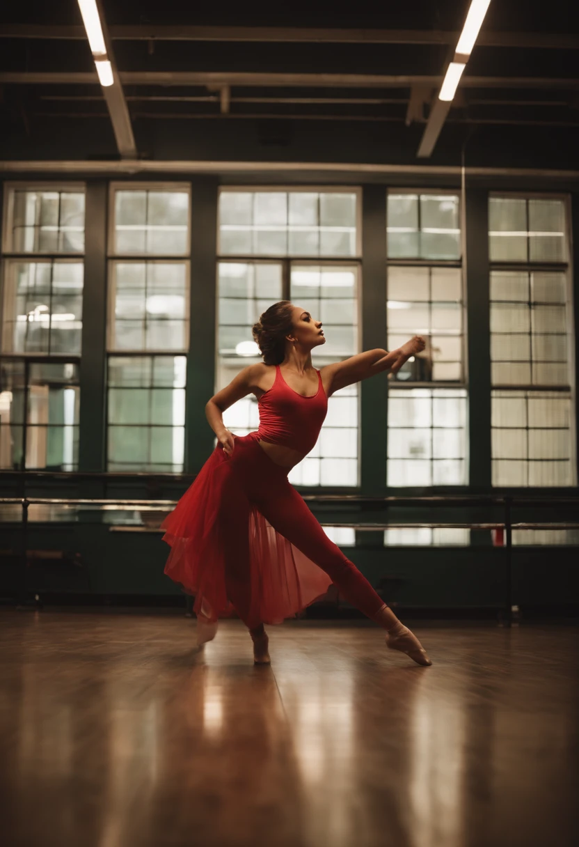 She's a female dancer, jazz dancer in gym clothes, she's in a dance room ready to take a class in all the costumes of a jazz dancer