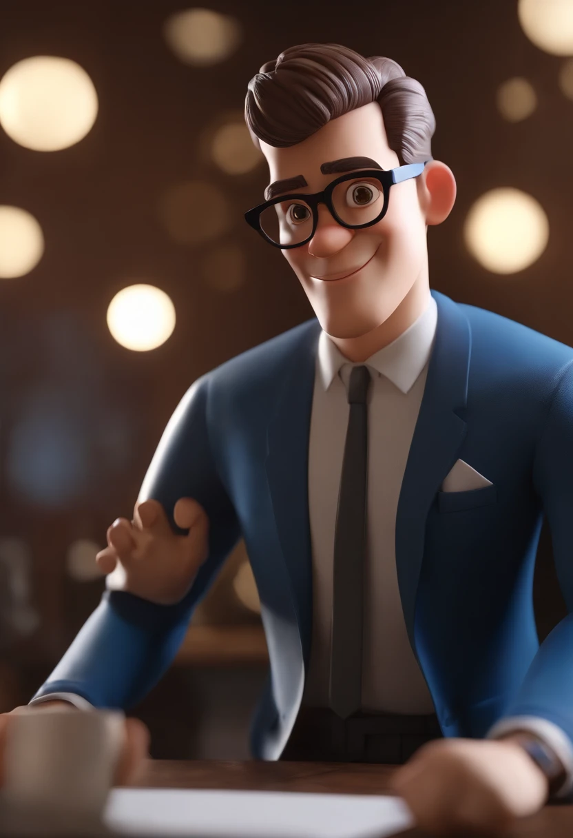 Cartoon character of a man wearing black glasses and a blue shirt, um personagem animado, Caractere estilizado, animation style rendering, 3D estilizado, Arnold Maya render, 3 d render stylized, toon render keyshot, Personagem 3D, Personagem 3D, 3d rendering stylized, 3 d character render, personagem de desenho animado, Personagem de close up, Pose de personagem, (Estilo Pixar) (master part:1.2) (Bokeh) (best quality) (pele detalhada) (textura detalhada) (8k) (argila) (Cinematic lighting) (foco nítido，Senta e vaza a parte superior do corpo