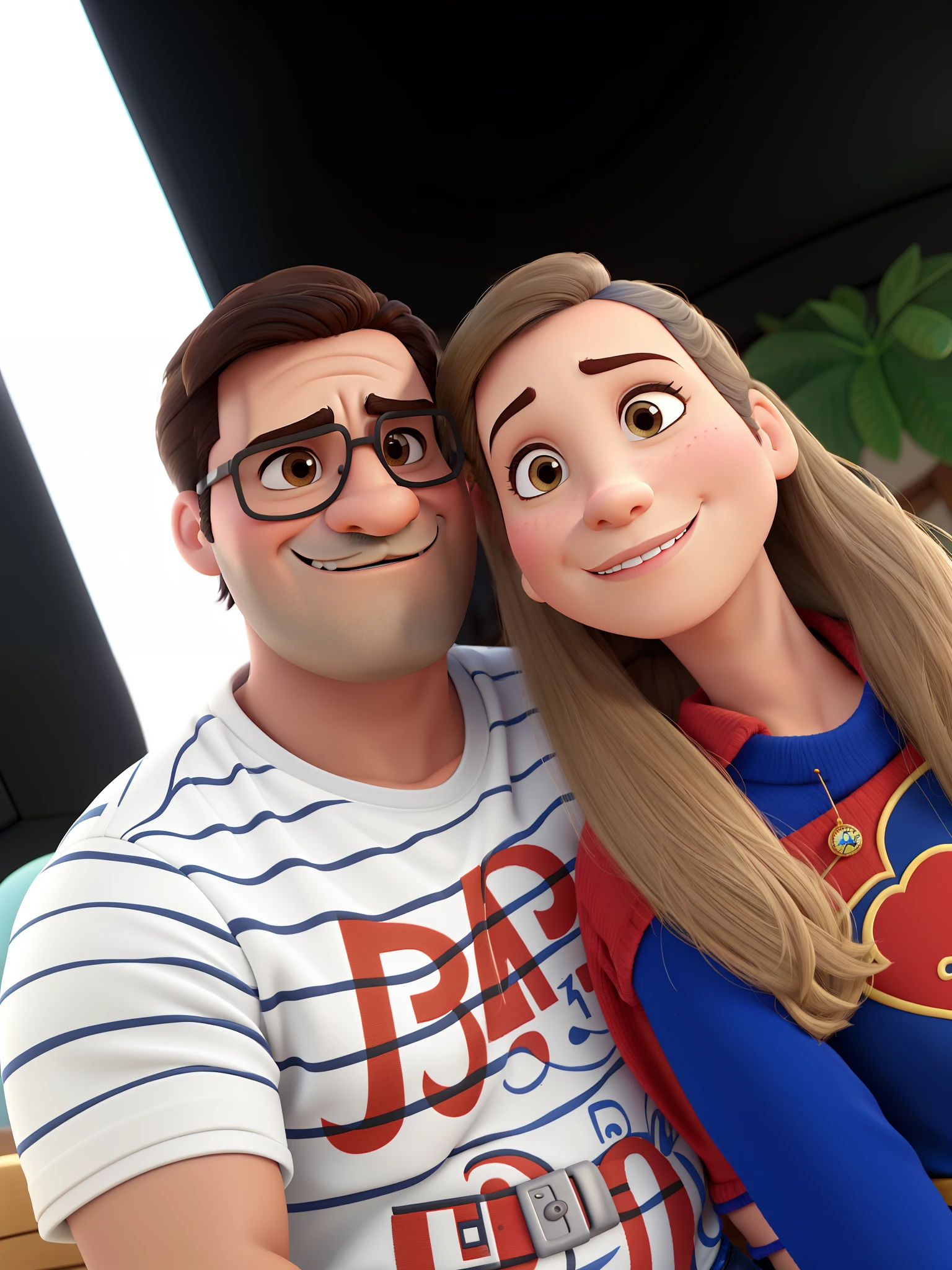 Casal estilo Disney pixar, homem com cavanhaque e bigode, mulher com cabelo longo liso castanho escuro.