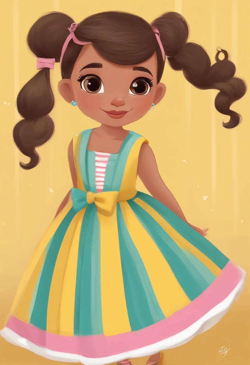 Image of a girl for a story in a YouTube video in Pixar format, ela te. Cabelos pretos longos, She's the leader of children , She's outgoing, Playful and gets up for a lot of things, ela usa vestido rodado amarelo ckm listras nas cores pasteis azul, pink and green and has a large bow on its head yellow with stripes in pink pastel colors, azul e verde