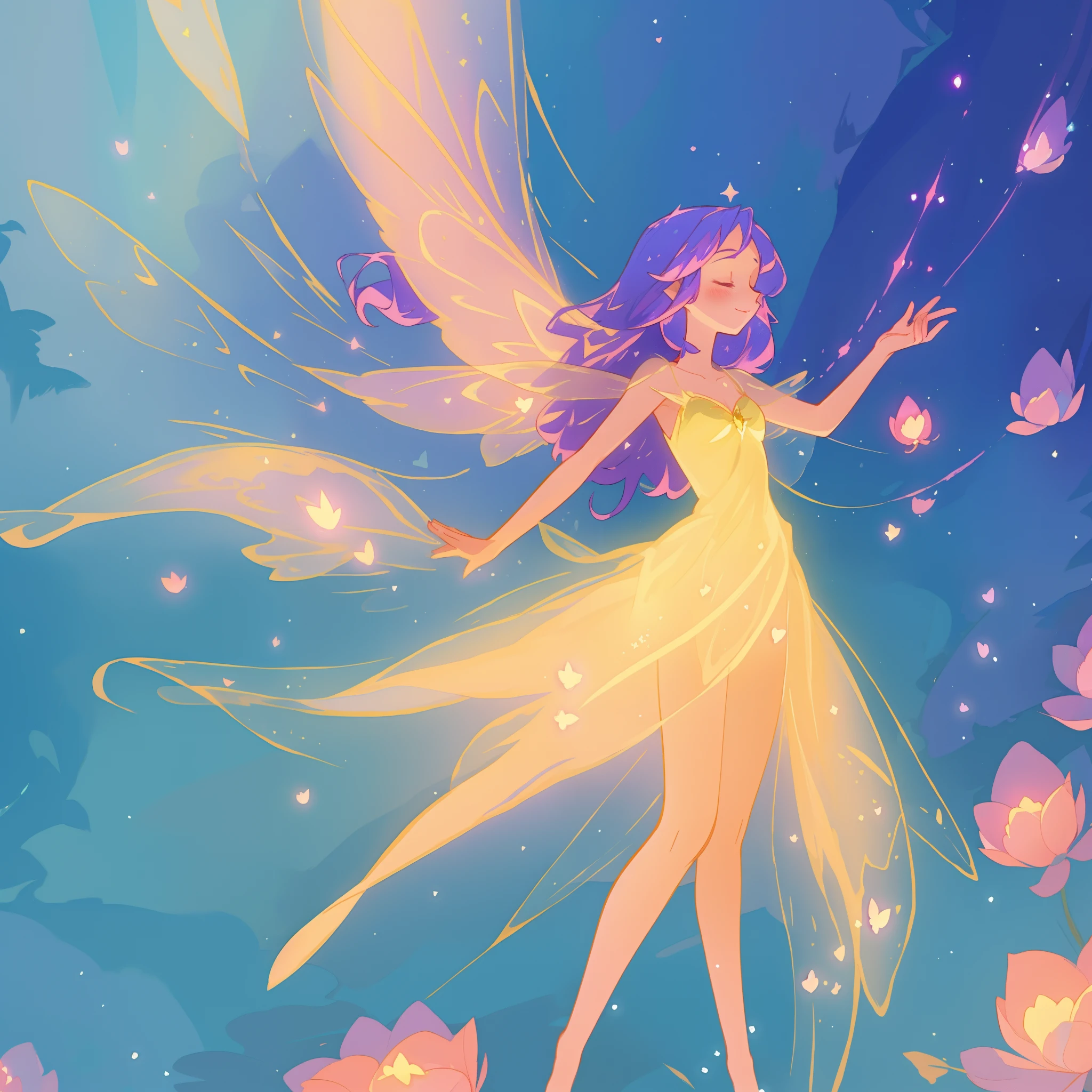 beautiful fairy girl in fluttering golden dress, fairy dress, (huge sparkling pink fairy wings), long dark purple hair, fairy queen, ((magical colorful otherworldly landscape)), (glowing fairy wings), glowing flowing ballgown, long hair, sparkling fairy wings, watercolor illustration, flowers and colorful plants, disney art style, glowing aura around her, glowing lights, beautiful digital illustration, fantasia otherworldly landscape plants flowers, beautiful, masterpiece, best quality, anime disney style