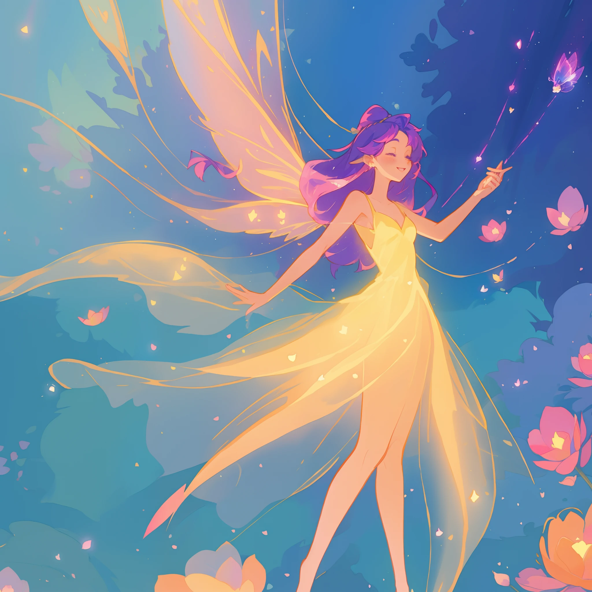 beautiful fairy girl in fluttering golden dress, fairy dress, (huge sparkling pink fairy wings), long dark purple hair, fairy queen, ((magical colorful otherworldly landscape)), (glowing fairy wings), glowing flowing ballgown, long hair, sparkling fairy wings, watercolor illustration, flowers and colorful plants, disney art style, glowing aura around her, glowing lights, beautiful digital illustration, fantasia otherworldly landscape plants flowers, beautiful, masterpiece, best quality, anime disney style