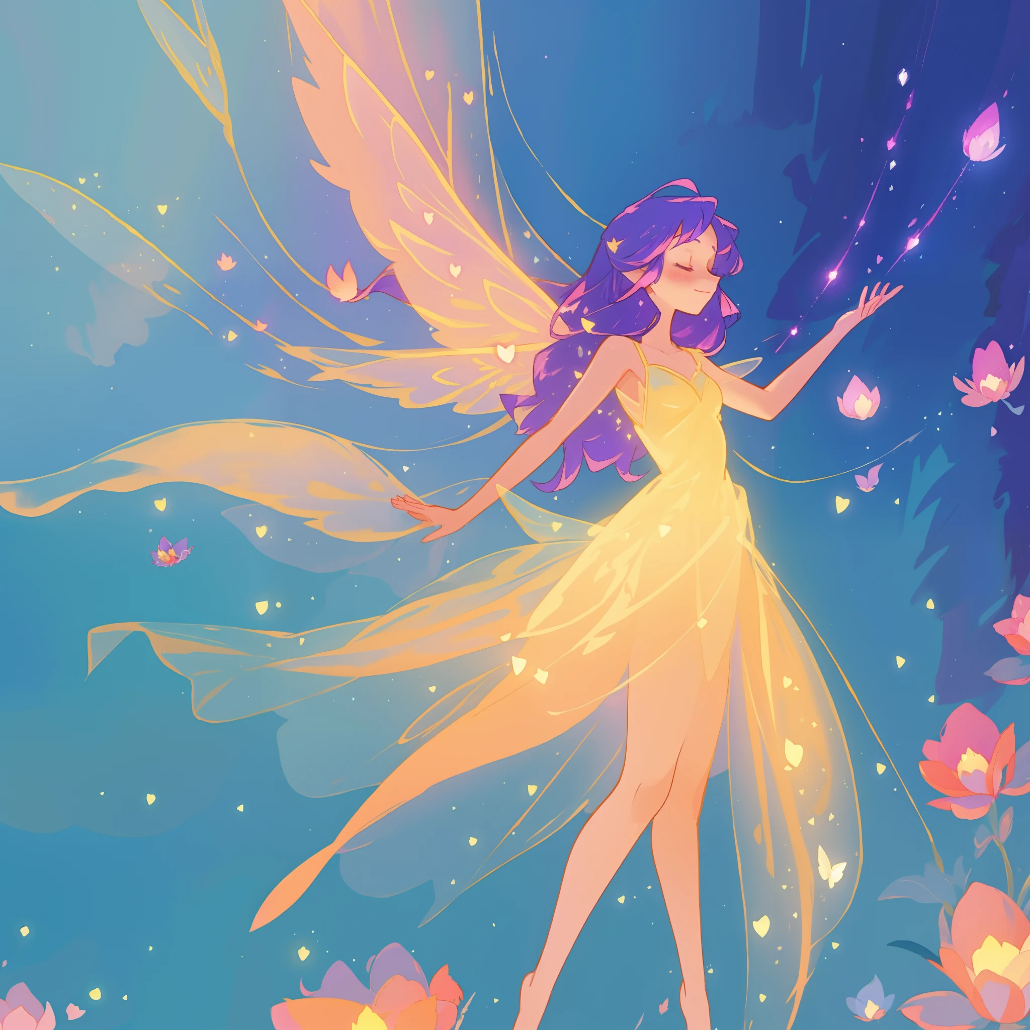 beautiful fairy girl in fluttering golden dress, fairy dress, (huge sparkling pink fairy wings), long dark purple hair, fairy queen, ((magical colorful otherworldly landscape)), (glowing fairy wings), glowing flowing ballgown, long hair, sparkling fairy wings, watercolor illustration, flowers and colorful plants, disney art style, glowing aura around her, glowing lights, beautiful digital illustration, fantasia otherworldly landscape plants flowers, beautiful, masterpiece, best quality, anime disney style