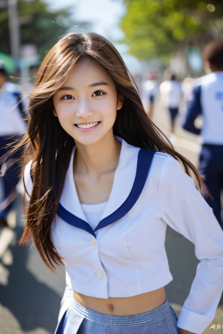 1 Girl in the beach at noon、walking in the street、Walking、Gaze to the side、A delightful、Beautie、Tremendously beautiful、dual、A slender、a smile、The long-haired, high quality image, high resolution in detail, try-x, ISO1600, super realistic photo, fine skins, fine hair, 135mm lens, bust shot, school uniform, realistic eyes, realistic teeth, bare waist, best quality,nipples slightly seen through the uniform