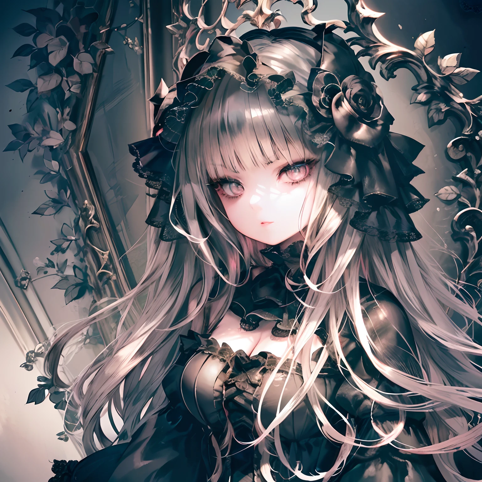 (baroque,Gothic Lolita,beautiful,detailed eyes,detailed lips,extremely detailed face,1 girl,full-body,black sofa,black dress,white lace,high resolutions,ultra-detailed,highest detail,red lips,stately,ornate,elaborate,pastel colors,soft lighting,romantic atmosphere)