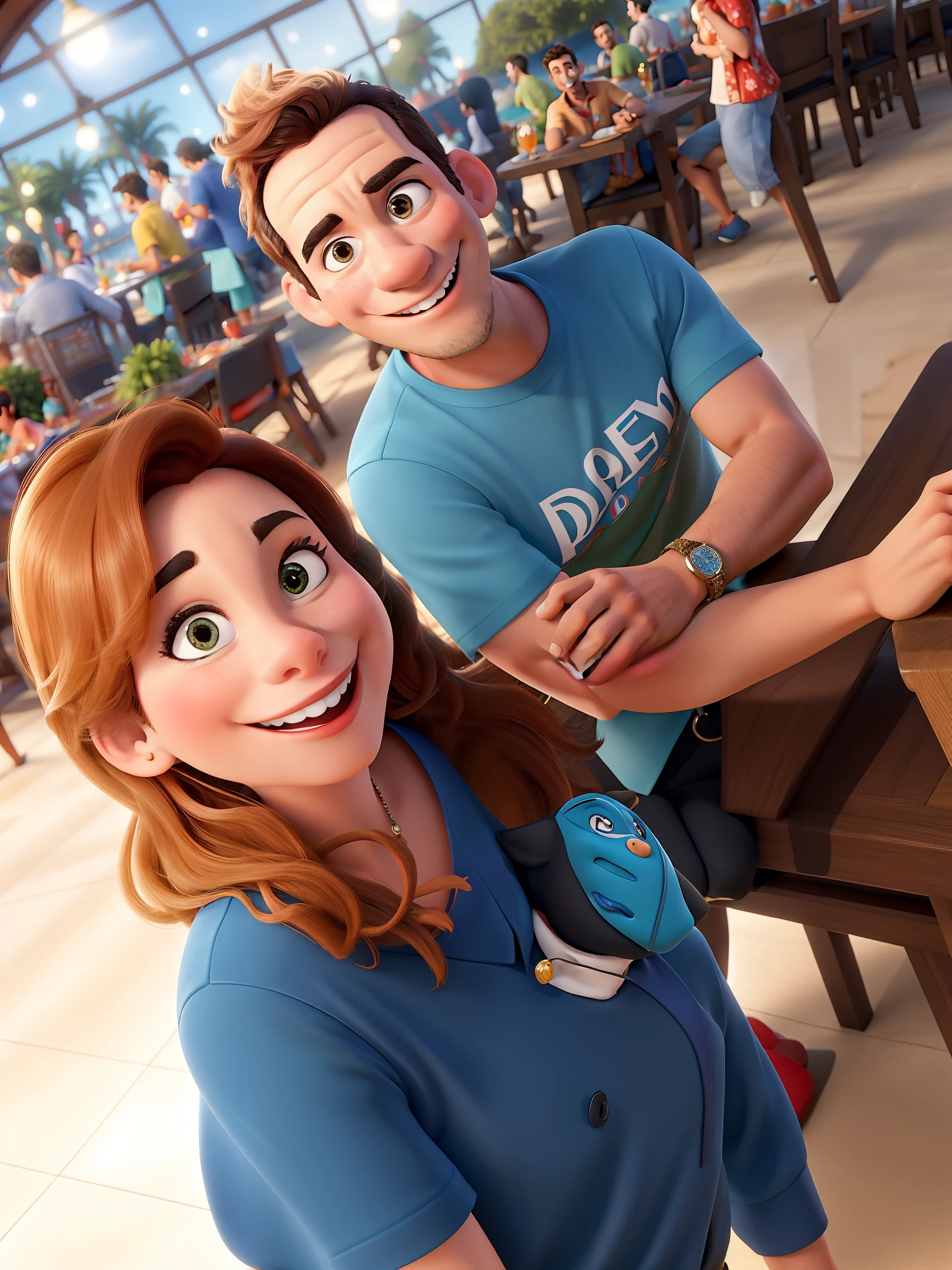 Casal estilo Disney sorrindo no restaurante.
