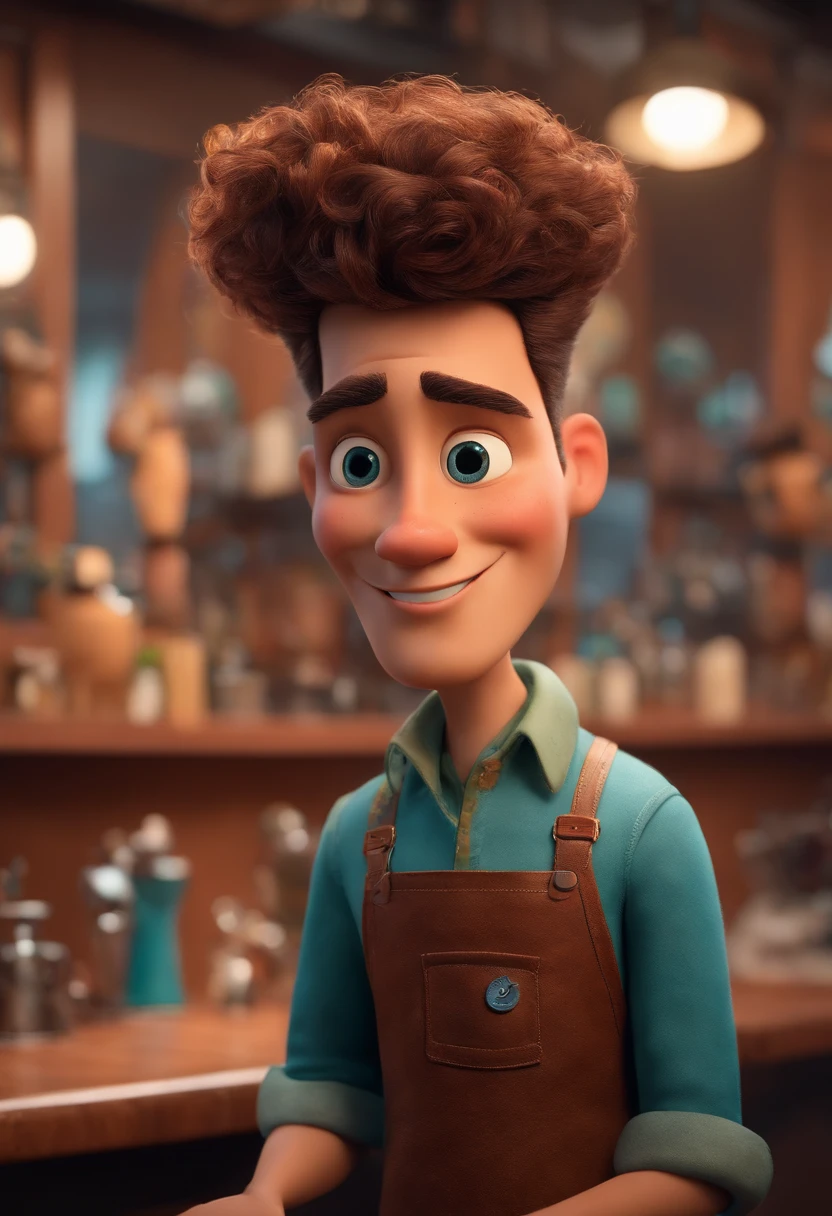 A Dream Barber Inspired by Pixar Animation, de perto. The character takes center stage with captivating facial expressions, oferecendo um toque de irrealidade, Cabelo curto e gordinho gradiente