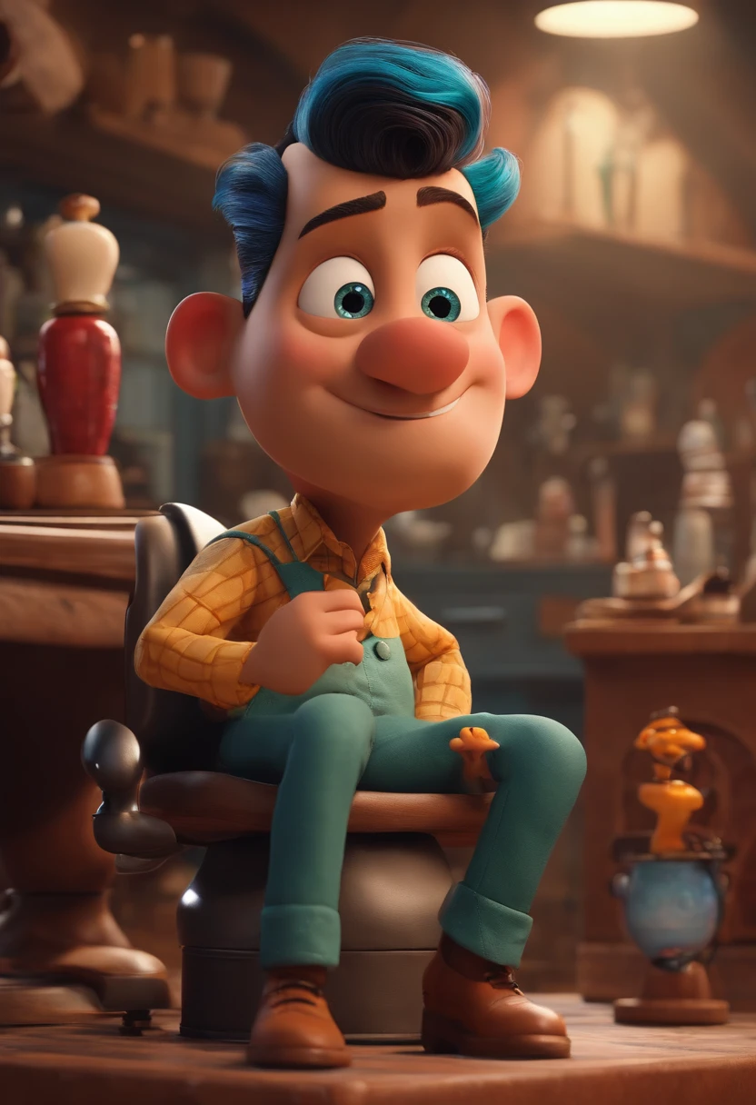 A Dream Barber Inspired by Pixar Animation, de perto. The character takes center stage with captivating facial expressions, oferecendo um toque de irrealidade, Cabelo curto e gordinho gradiente