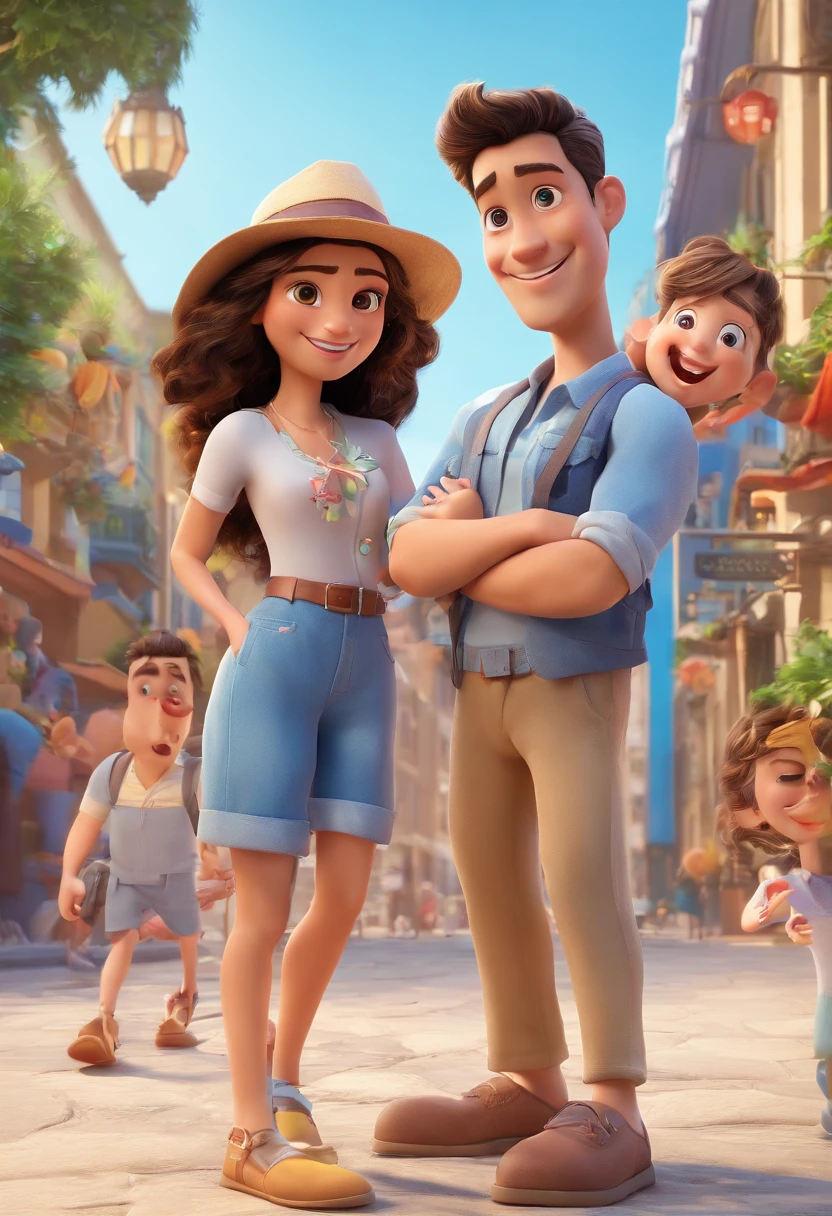 Cartoon of friends having fun on vacation together,  3D Animation Movie Poster, Poster de filme animado, pixar 3 d animation style, pixar renderman rendering, maia 8 mil, animated film, Disney Pixar Estilo 3D, amigos felizes saem juntos, all wearing light blue shirts and cream brown long pants, camisa azul clara, cream brown pants, ao ar livre, vacation, Disney Pixar Animation Poster