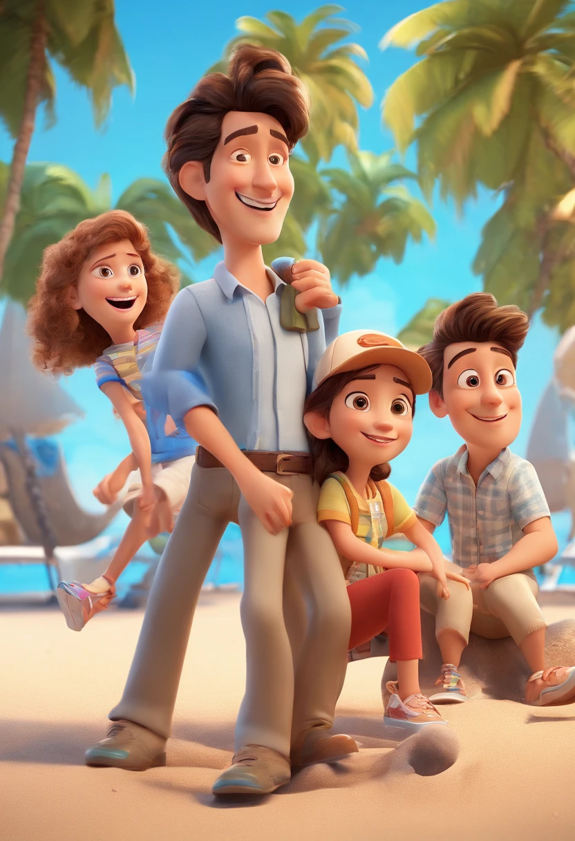 Cartoon of friends having fun on vacation together, 3D Animation Movie Poster, Poster de filme animado, pixar 3 d animation style, pixar renderman rendering, maia 8 mil, animated film, Disney Pixar Estilo 3D, amigos felizes saem juntos, all wearing light blue shirts and cream brown long pants, camisa azul clara, cream brown pants, ao ar livre, vacation, Disney Pixar Animation Poster