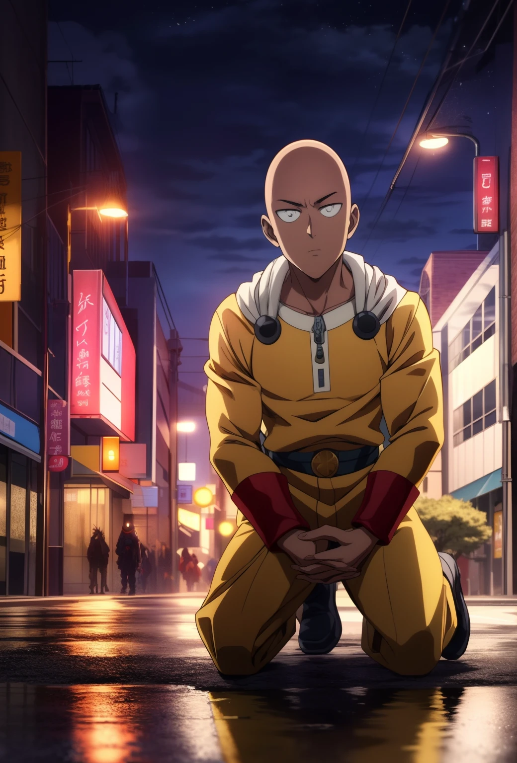 1 homem, (Saitama), Blade head, Vestindo Amarelo, olhos negros, luvas vermelhas, Botas vermelhas, poder aura, Noite, Foco masculino, strong muscles, (corpo inteiro) Godly Strength, emergia amarela ao seu redor, ((sangue escorrendo pelo rosto)), roupa rasgada, (todo machucado), personagem cansado, (((On his side kneeling on the city street at night with his hands on the ground))), lua cheia, despair, sparkling eyes, glowing eyes, eye reflection, high detail, anime, Minimalism, anime style, cinematic lighting, sparkle, jpeg artifacts, glowing light, god rays, ray tracing, reflection light, drop shadow, image fill, panorama, Sony FE, UHD, masterpiece, ccurate, anatomically correct, textured skin, super detail, high quality, best quality, HD, 16k