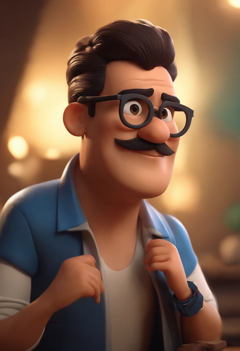 Cartoon character of a man with black glasses, cabelo cacheado marrom escuro e uma camisa azul, animation character, Caractere estilizado, animation style rendering, 3D estilizado, Arnold Maya render, 3 d render stylized, toon render keyshot, Personagem 3D, Personagem 3D, 3d rendering stylized, 3 d character render, personagem de desenho animado, Personagem de close up, Pose de personagem,  (Estilo Pixar) (master part:1.2) (Bokeh) (best quality) (pele detalhada) (textura detalhada) (8k) (argila) (Cinematic lighting) (foco nítido